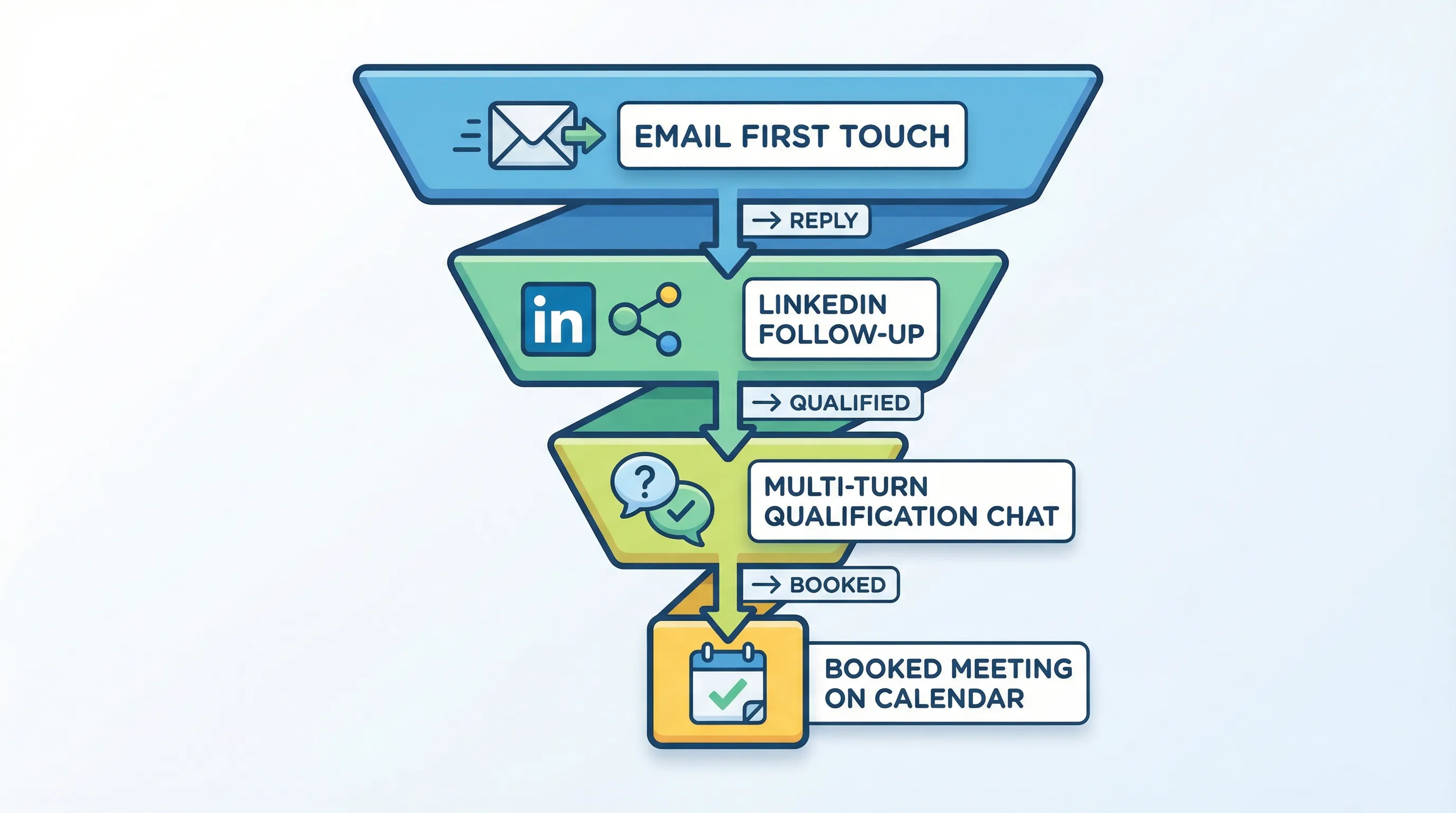 A simple funnel diagram showing an outreach system: Email first touch leads to LinkedIn follow-up, which leads to a multi-turn qualification chat, and then to a booked meeting on a calendar. Each stage shows a small metric label like reply, qualified, booked.