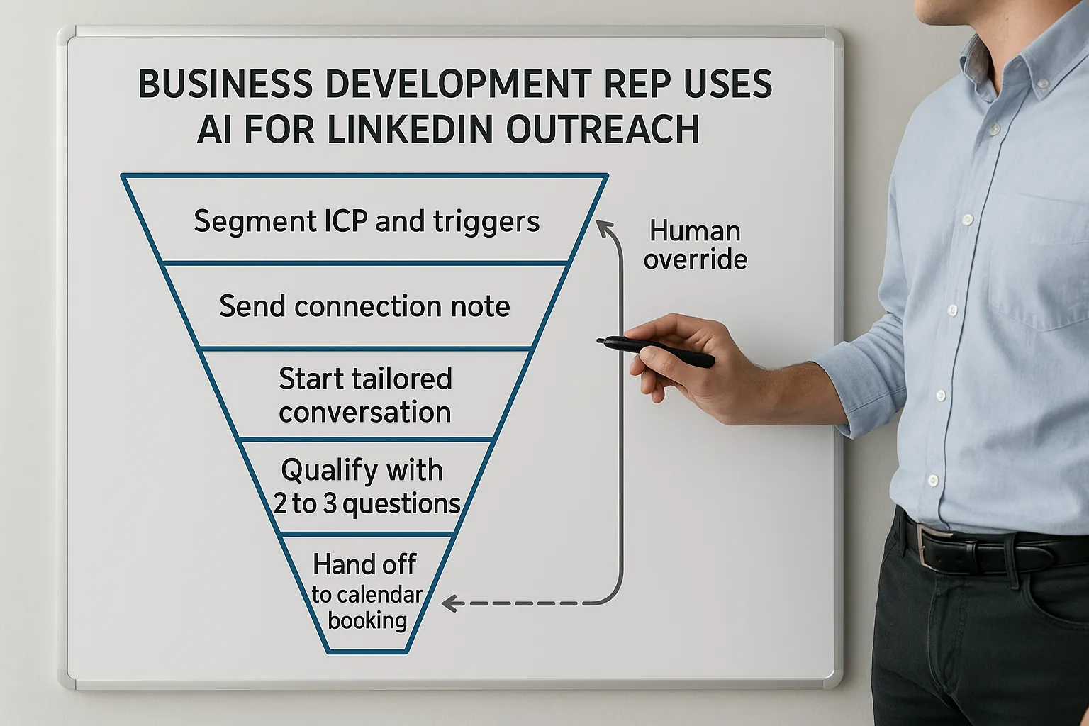 A simple funnel diagram showing how a business development rep uses AI for LinkedIn outreach: segment ICP and triggers, send a connection note, start a tailored conversation, qualify with 2 to 3 questions, and hand off to calendar booking, with a human override path at any step.