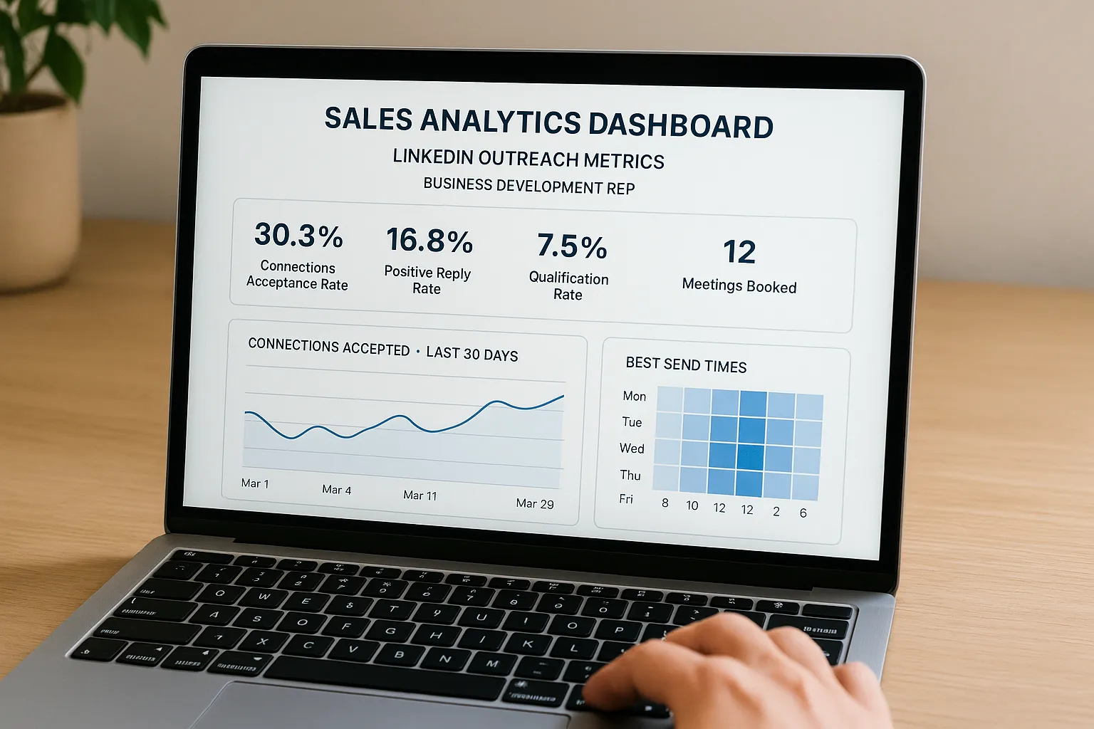 A sales analytics dashboard on a laptop showing LinkedIn outreach metrics for a business development rep, including connection acceptance rate, positive reply rate, qualification rate, and meetings booked, with a trend line over 30 days and a heatmap of best send times.
