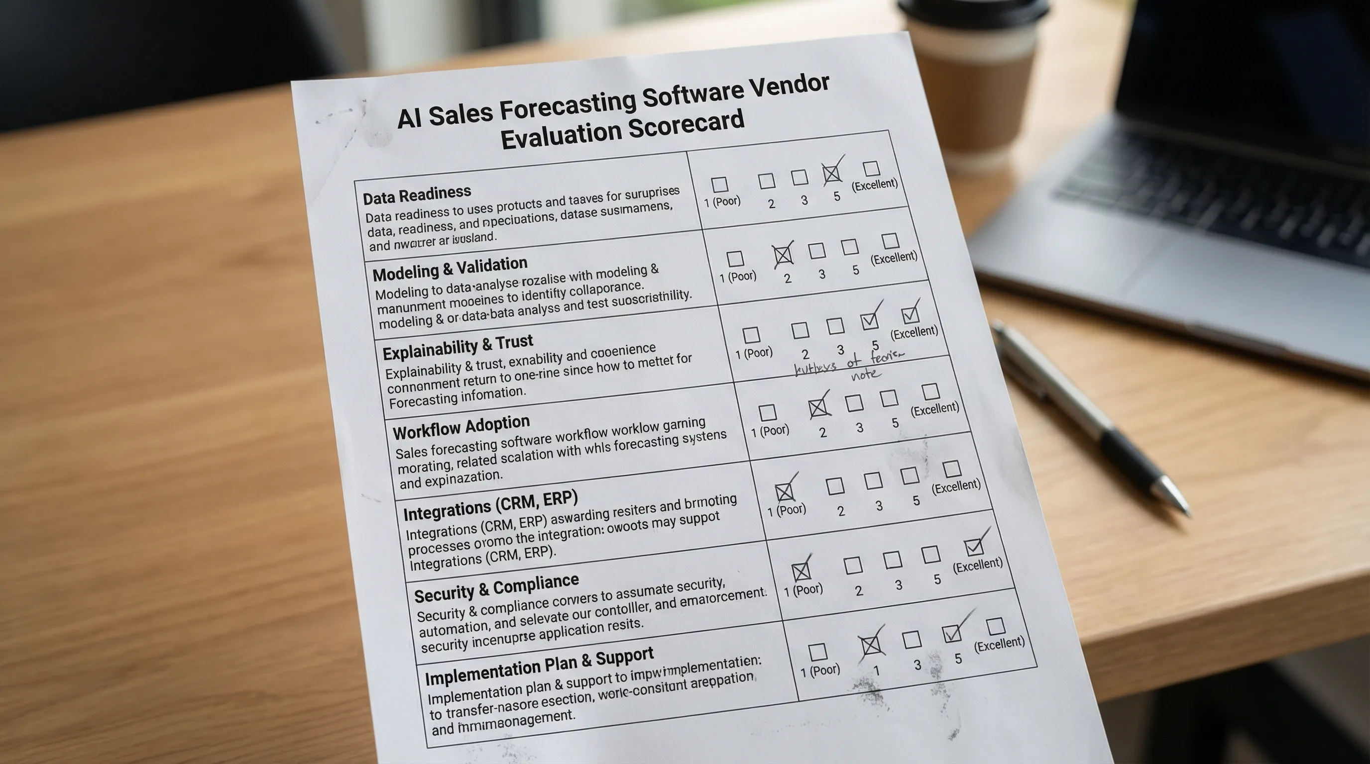 A one-page vendor evaluation scorecard for AI sales forecasting software showing sections for data readiness, modeling and validation, explainability, workflow adoption, integrations, security, and implementation plan, laid out like a checklist with 1 to 5 ratings.