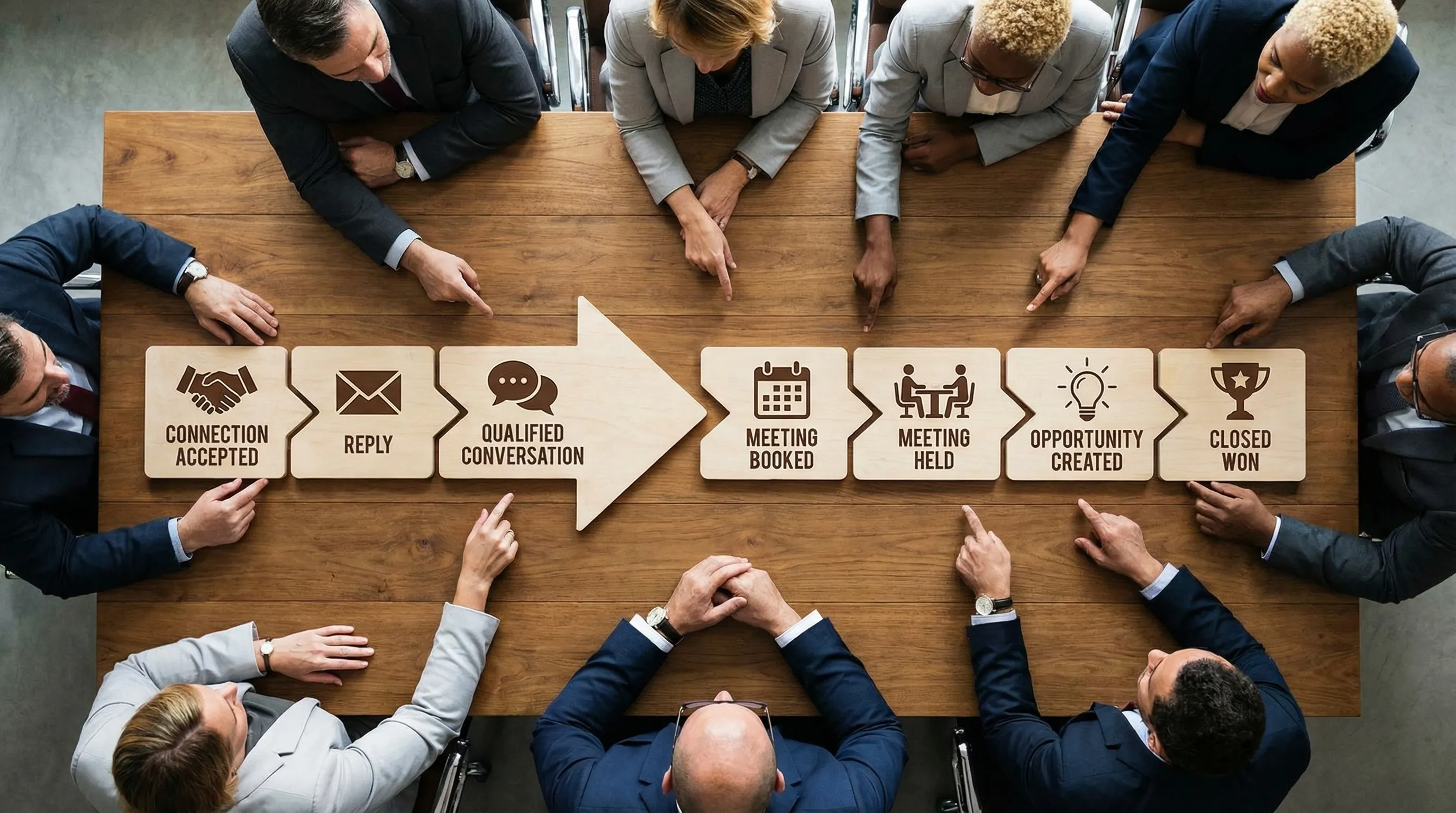 A simple pipeline timeline showing early conversation signals (connection accepted, reply, qualified conversation) leading into later outcomes (meeting booked, meeting held, opportunity created, closed won), presented as a left-to-right flow with labeled checkpoints.