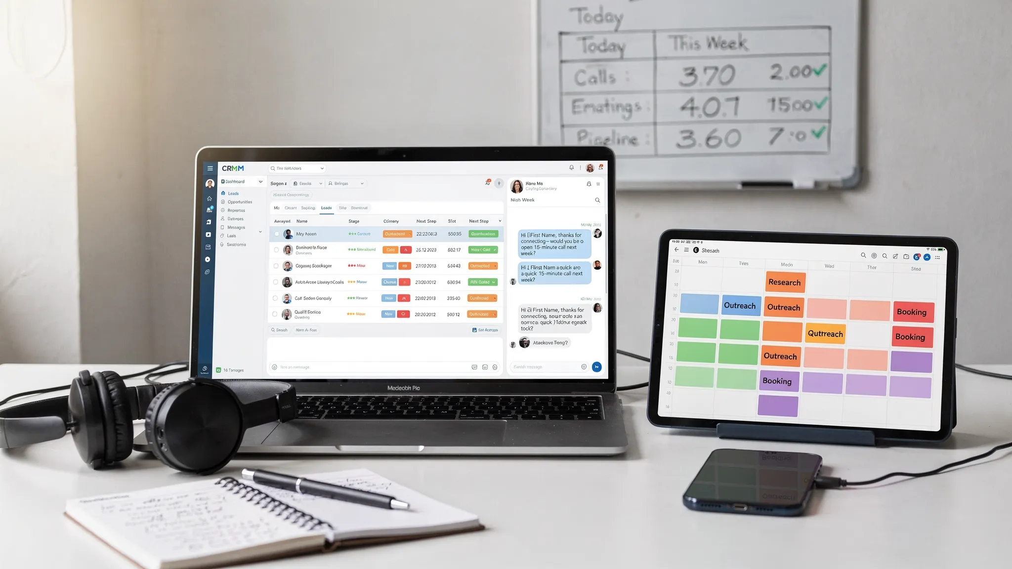 A modern SDR’s day shown as a time-blocked calendar next to a laptop displaying a CRM dashboard and an open LinkedIn message thread, with color-coded blocks for research, outreach, qualification, and booking. The laptop screen faces the viewer in the correct direction, and the workspace includes a headset, notebook, and a simple KPI tracker on a whiteboard.