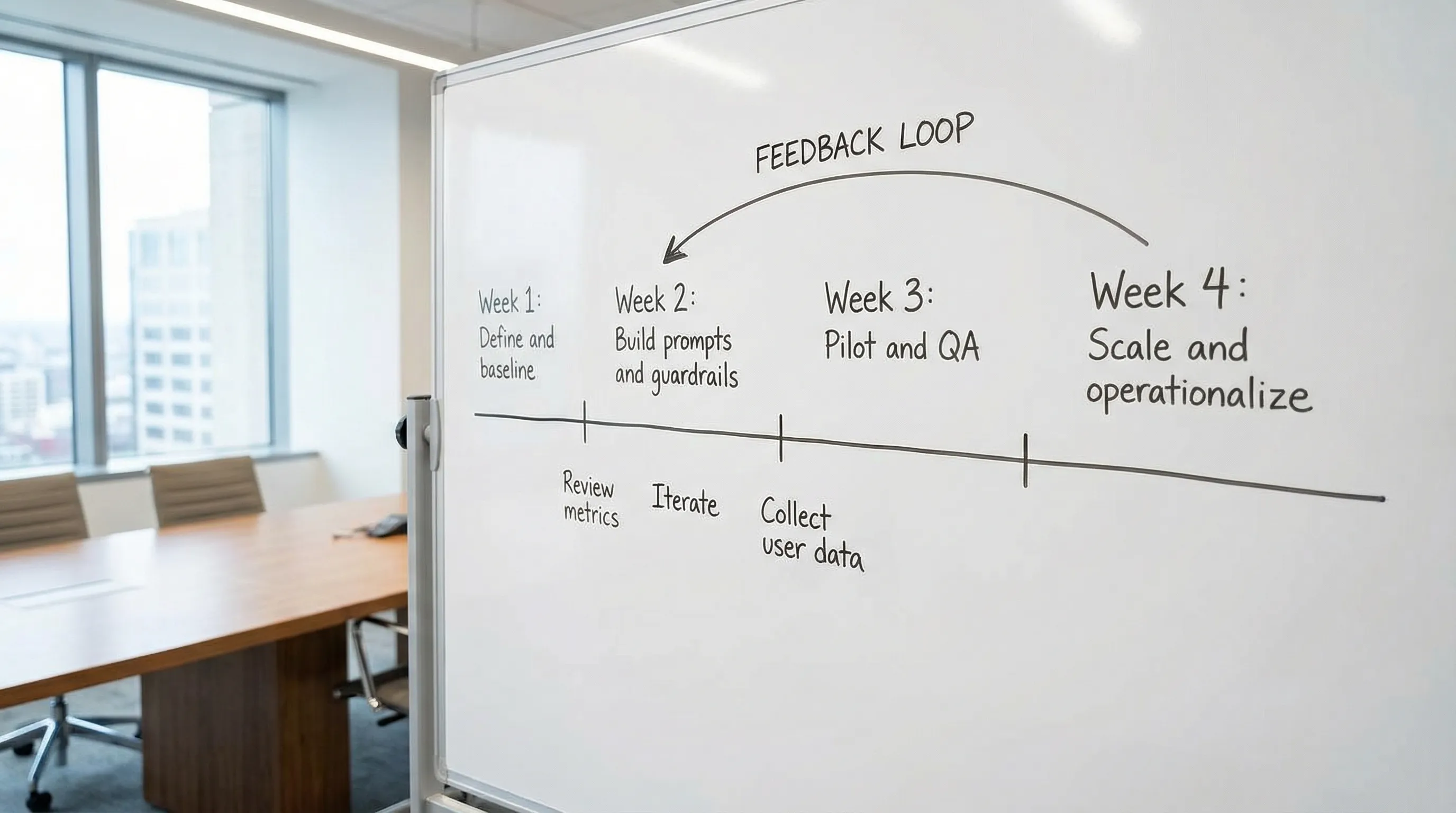 A simple 4-week timeline diagram labeled Week 1: Define and baseline, Week 2: Build prompts and guardrails, Week 3: Pilot and QA, Week 4: Scale and operationalize, with a feedback loop arrow from Week 4 back to Week 2.