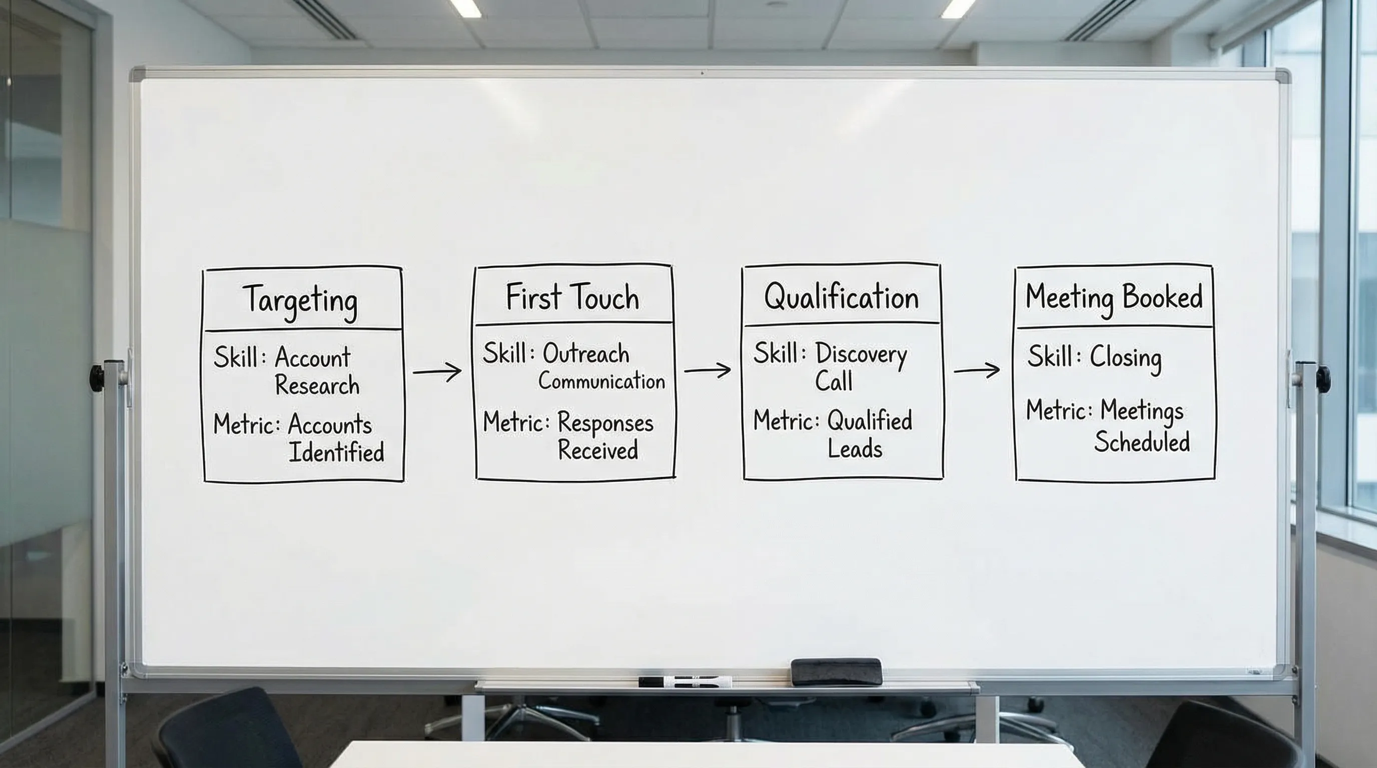 A simple pipeline skill stack diagram showing stages from Targeting to First Touch to Qualification to Meeting Booked, with each stage labeled with the key skill and a metric underneath.