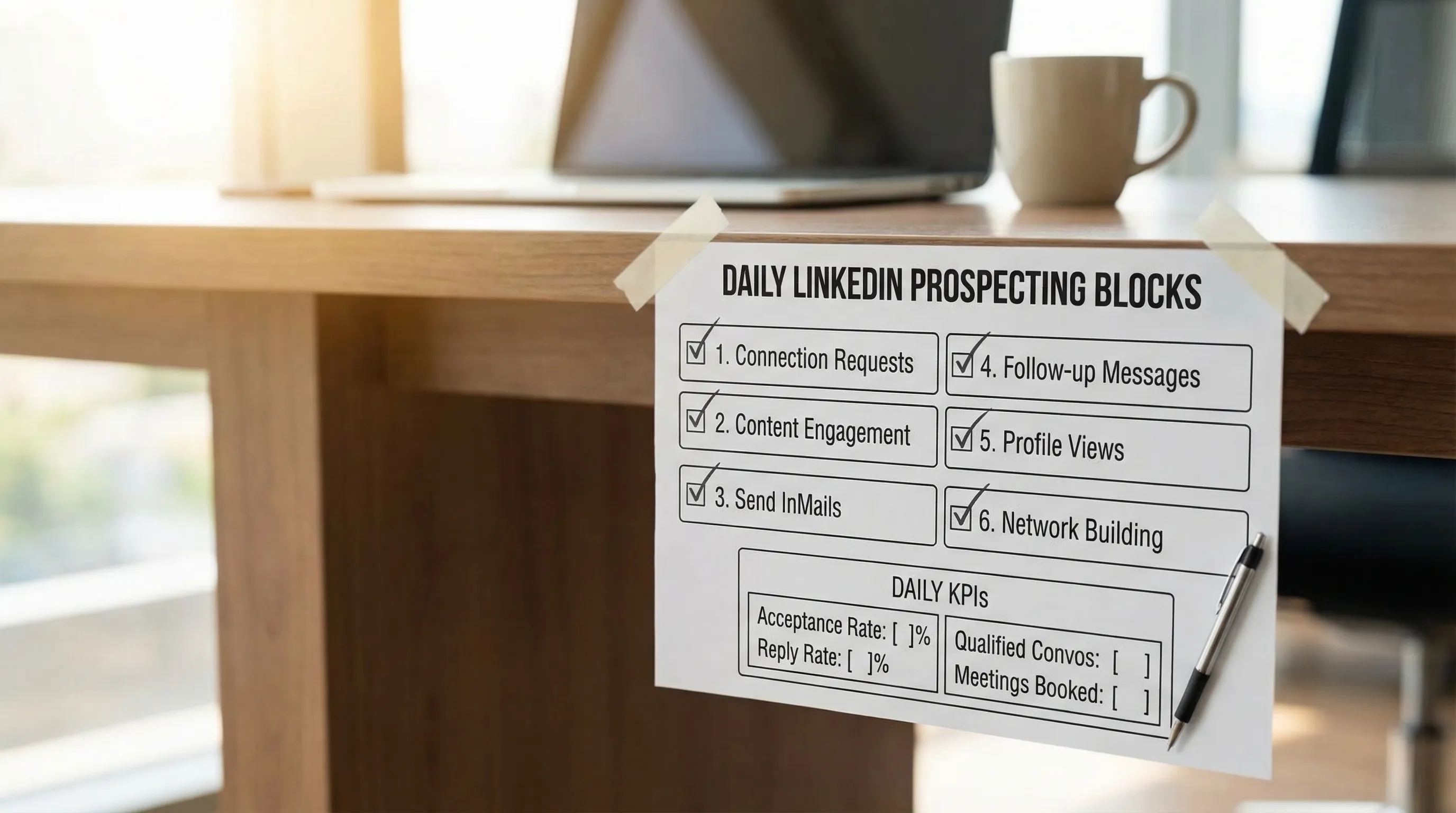 A desk-side checklist showing the six daily LinkedIn prospecting blocks with checkboxes, plus a small KPI box for acceptance rate, reply rate, qualified conversations, and meetings booked.