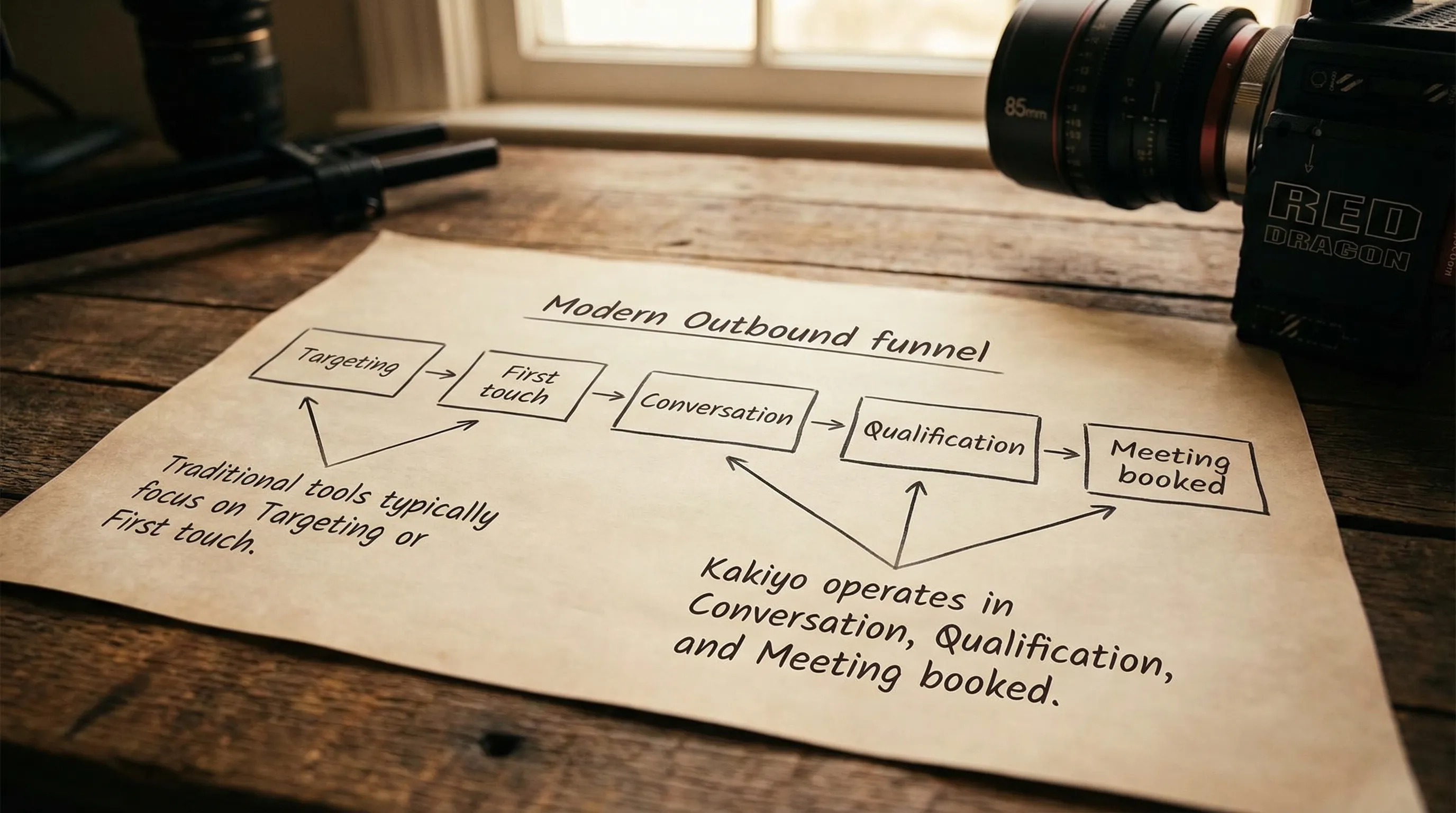 A simple 5-step diagram of a modern outbound funnel: Targeting → First touch → Conversation → Qualification → Meeting booked, with a note that Kakiyo operates in the Conversation, Qualification, and Meeting booked steps, while traditional tools typically focus on Targeting or First touch.