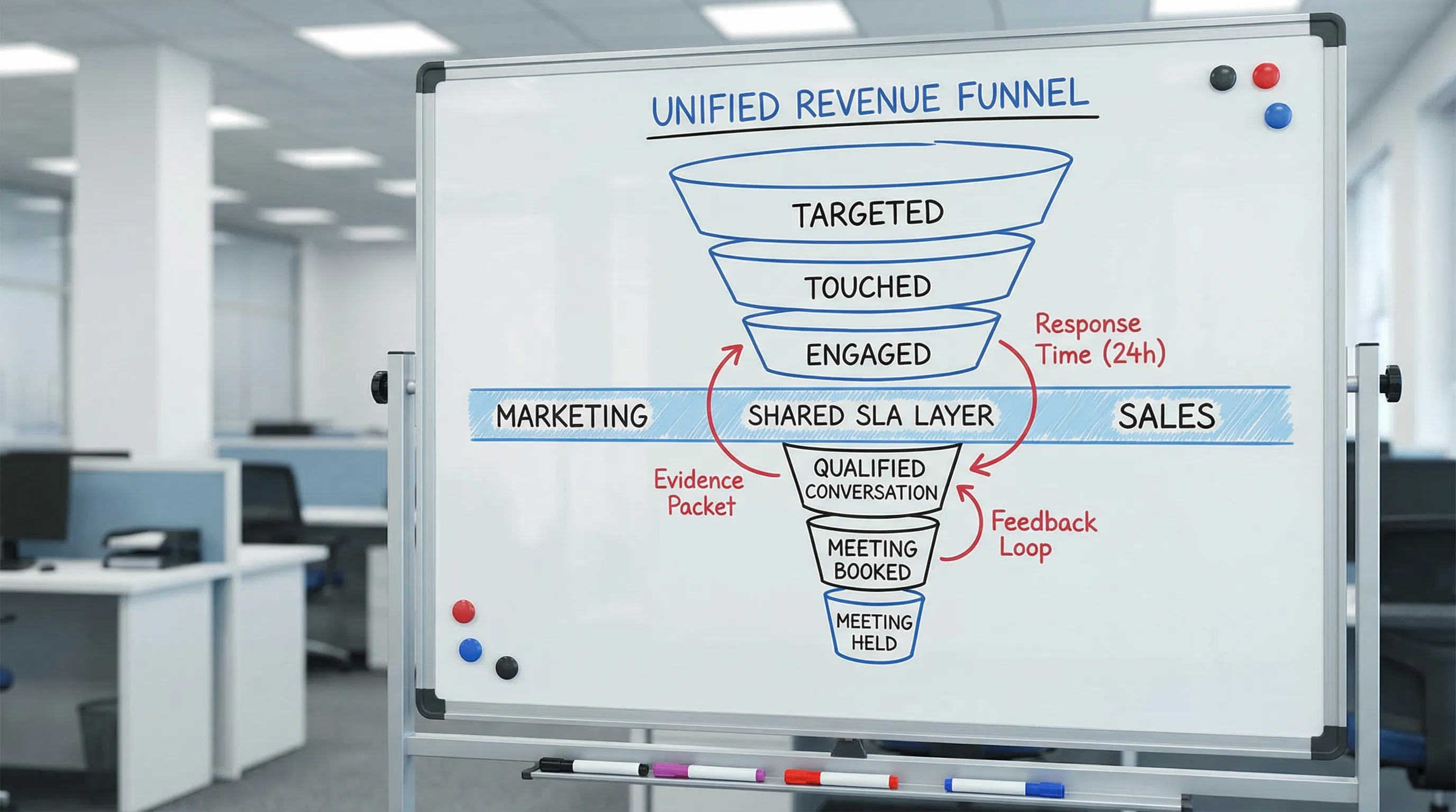 A simple diagram of a unified revenue funnel showing stages from Targeted to Touched to Engaged to Qualified Conversation to Meeting Booked to Meeting Held. Between Marketing and Sales sections, highlight a shared SLA layer with arrows indicating response time, evidence packet, and feedback loop.