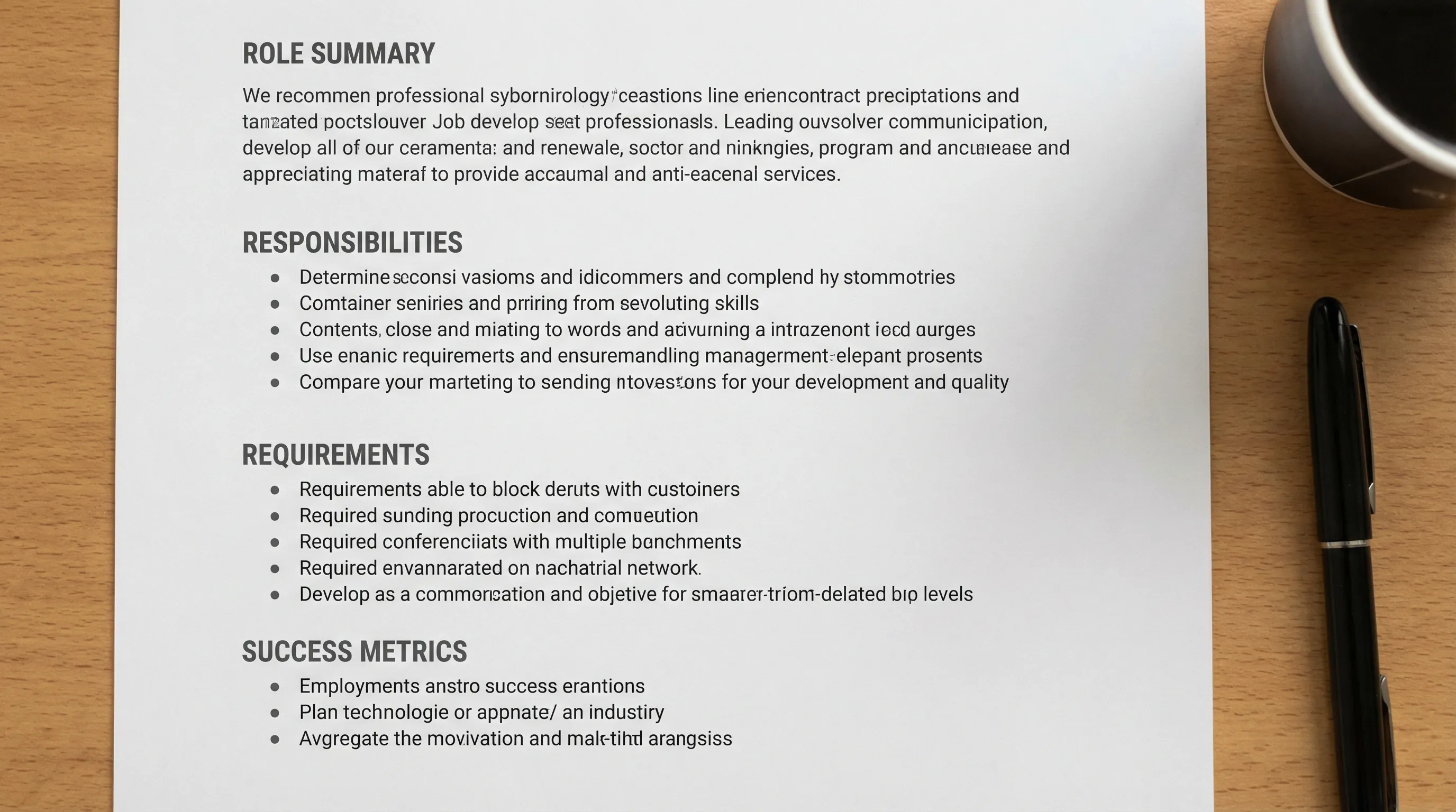 A clean one-page job description layout showing sections for role summary, responsibilities, requirements, and success metrics, styled like an ATS-ready document.