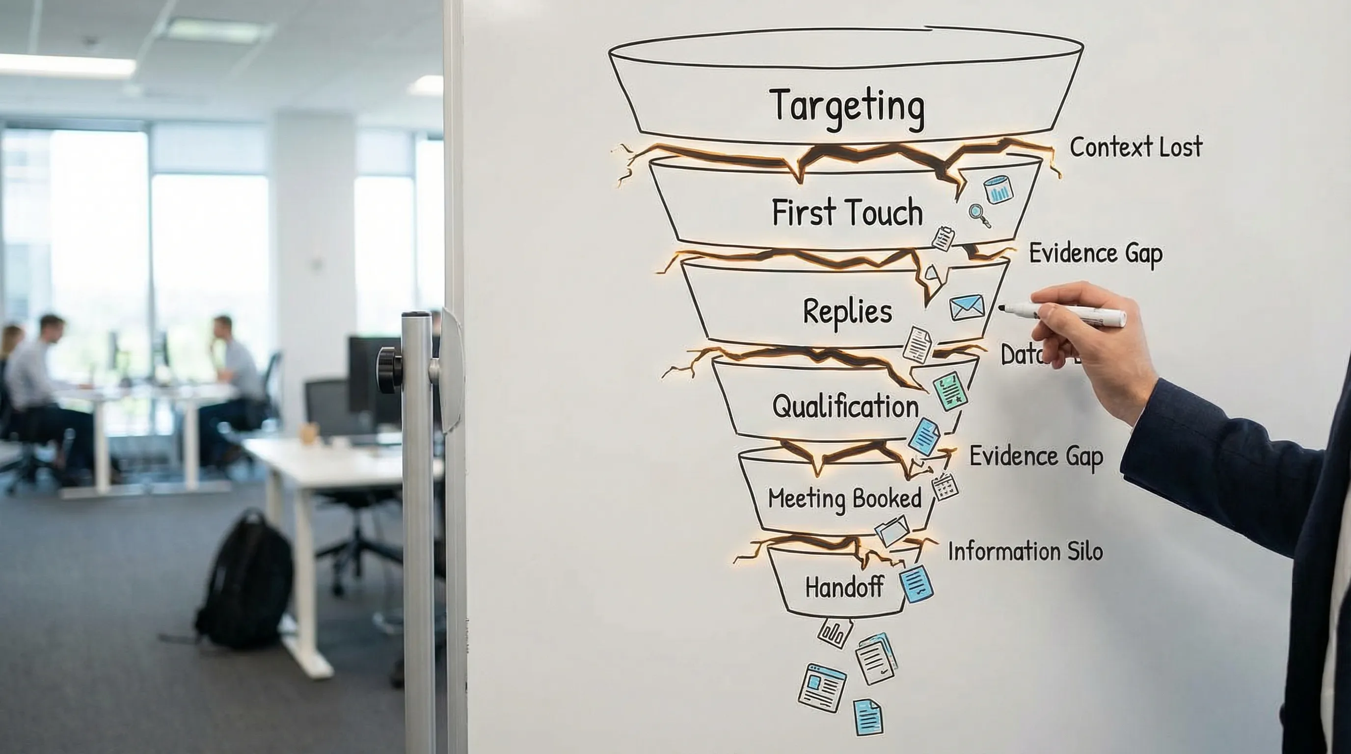 A simple funnel diagram showing stages from Targeting to First Touch to Replies to Qualification to Meeting Booked to Handoff, with highlighted “seams” where context and evidence often get lost.