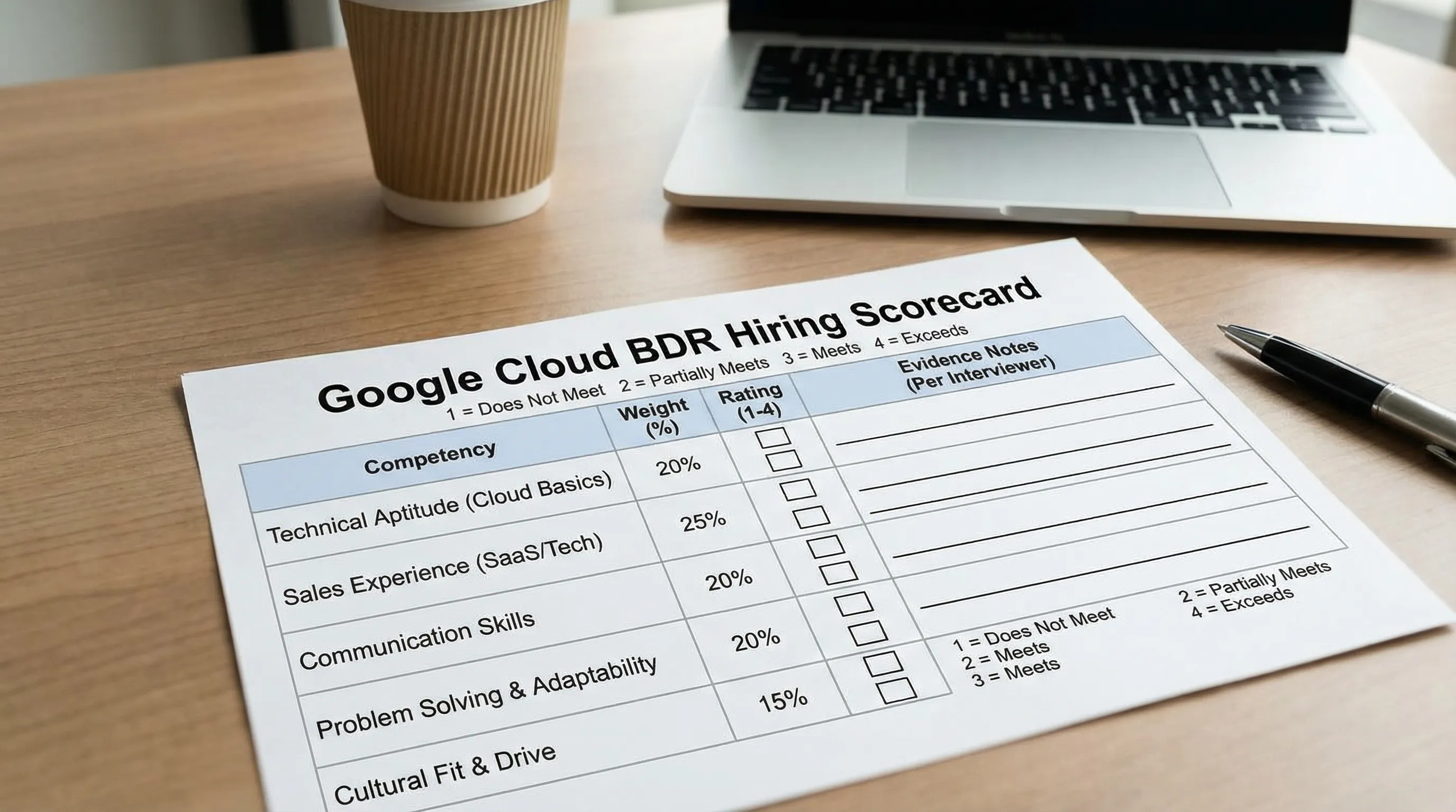 A simple hiring scorecard spreadsheet for a Google Cloud BDR role showing competencies, weights, a 1–4 rating scale, and space for evidence notes per interviewer.