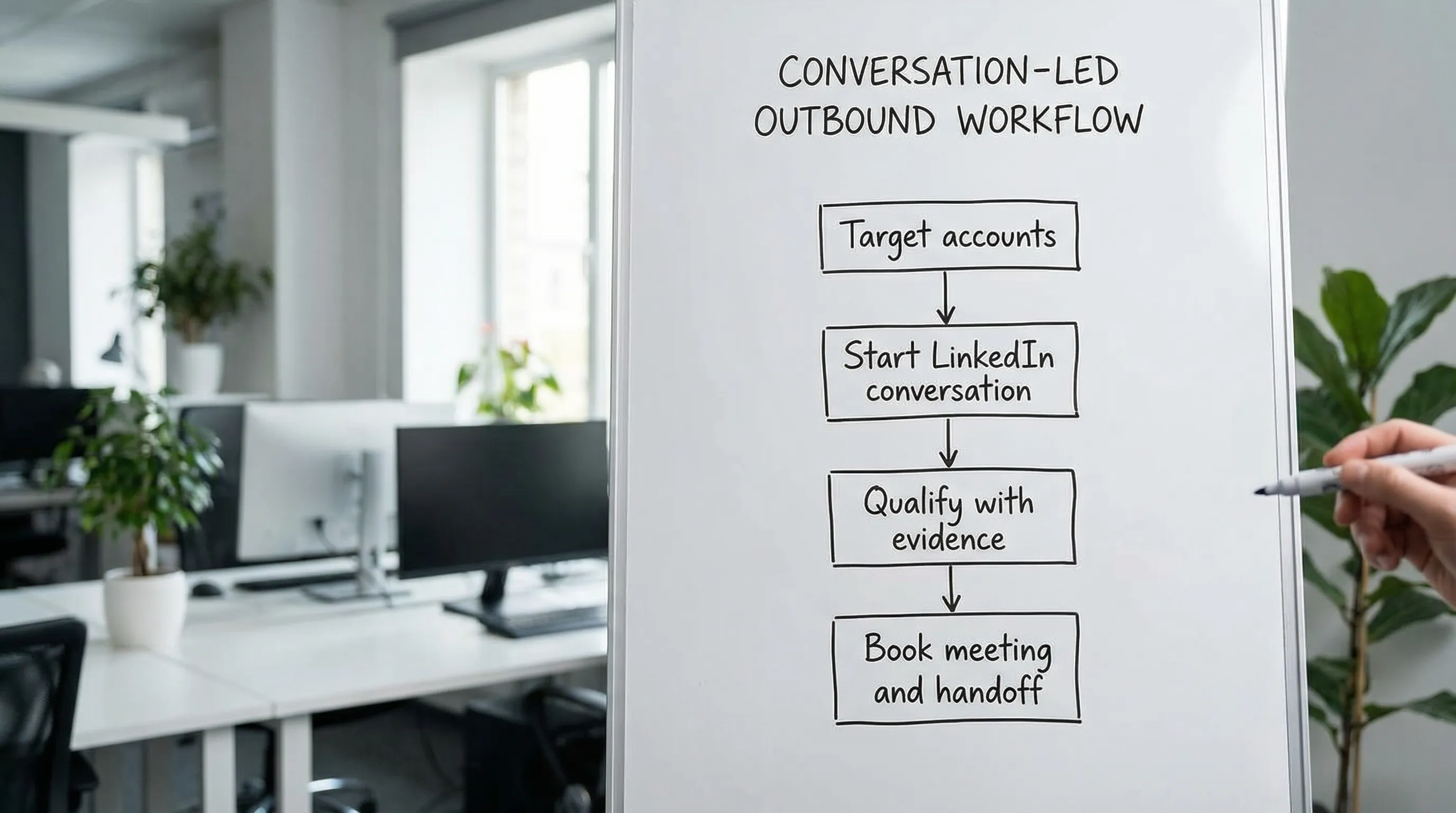 A simple flow diagram with four boxes labeled Target accounts, Start LinkedIn conversation, Qualify with evidence, Book meeting and handoff, with arrows showing a conversation-led outbound workflow.