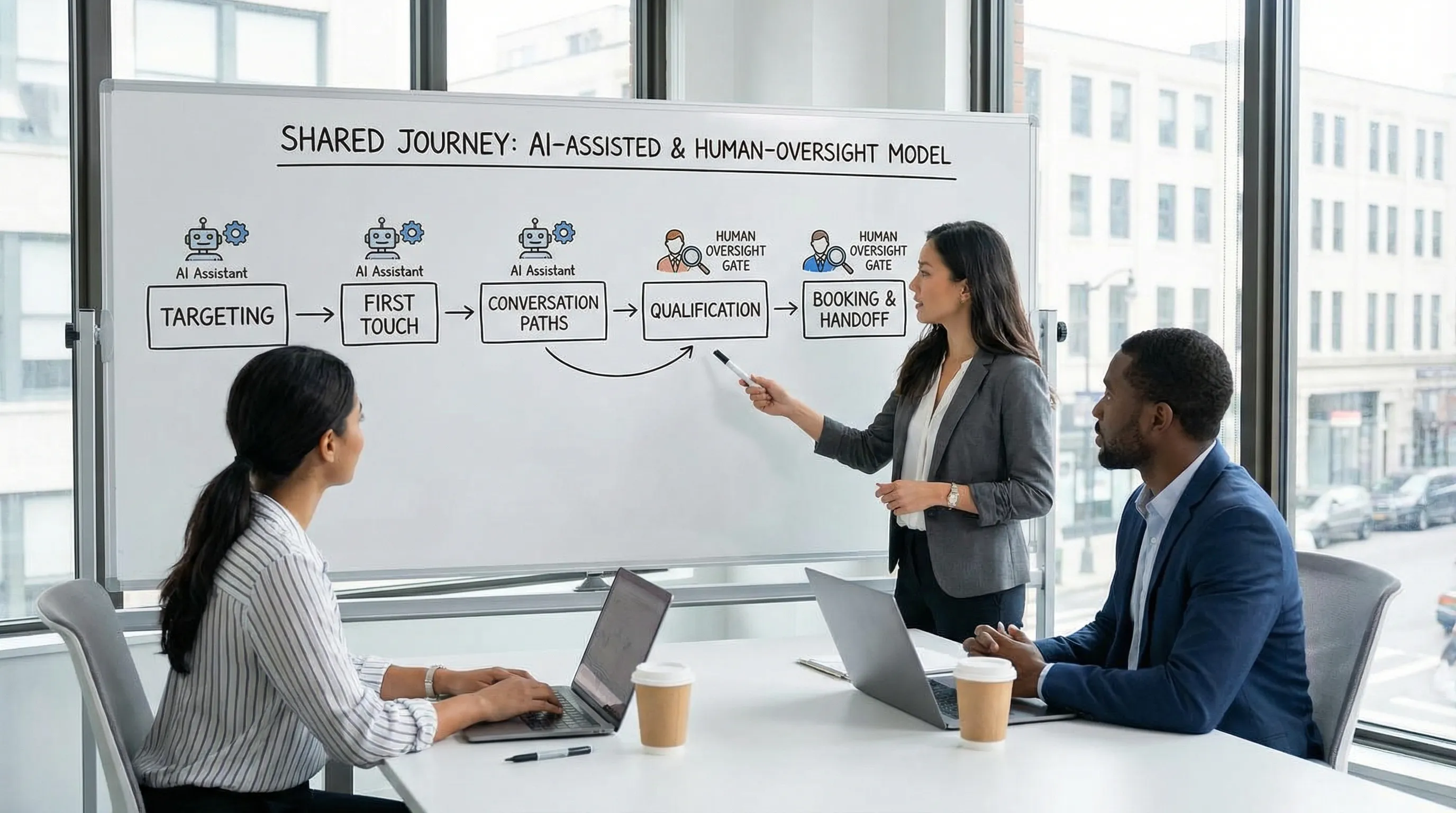 A simple operating model diagram showing a shared journey from Targeting to First Touch to Conversation Paths to Qualification to Booking and Handoff, with AI assisting in each step and humans overseeing key gates.