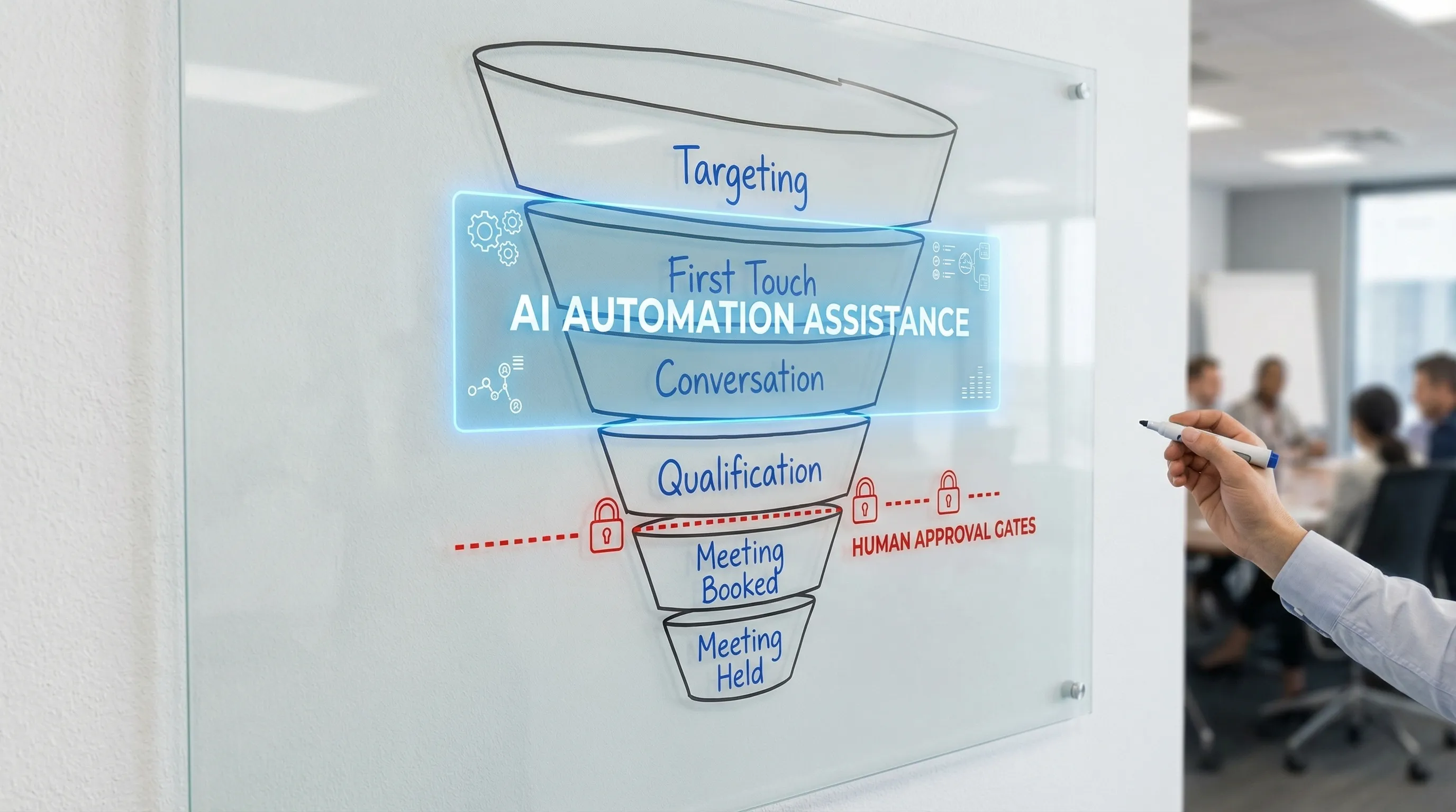 A simple sales funnel diagram labeled Targeting, First Touch, Conversation, Qualification, Meeting Booked, Meeting Held, with an “AI layer” highlighting where automation can assist versus where human approval gates sit.