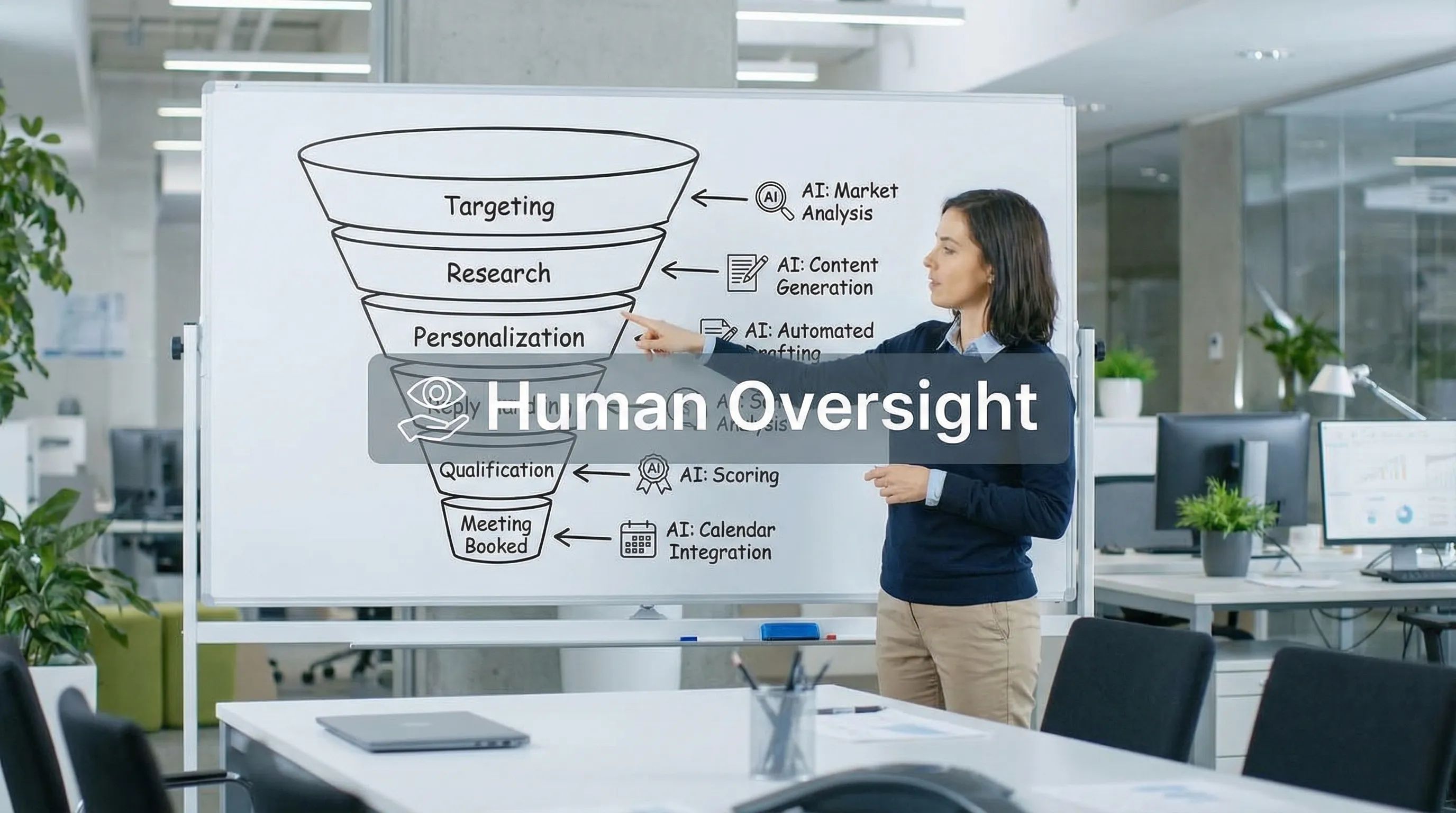 A simple sales funnel diagram showing stages from targeting to meeting booked, with callouts of AI assistance at each step (research, personalization, reply handling, qualification, scheduling) and a “human oversight” layer across all stages.