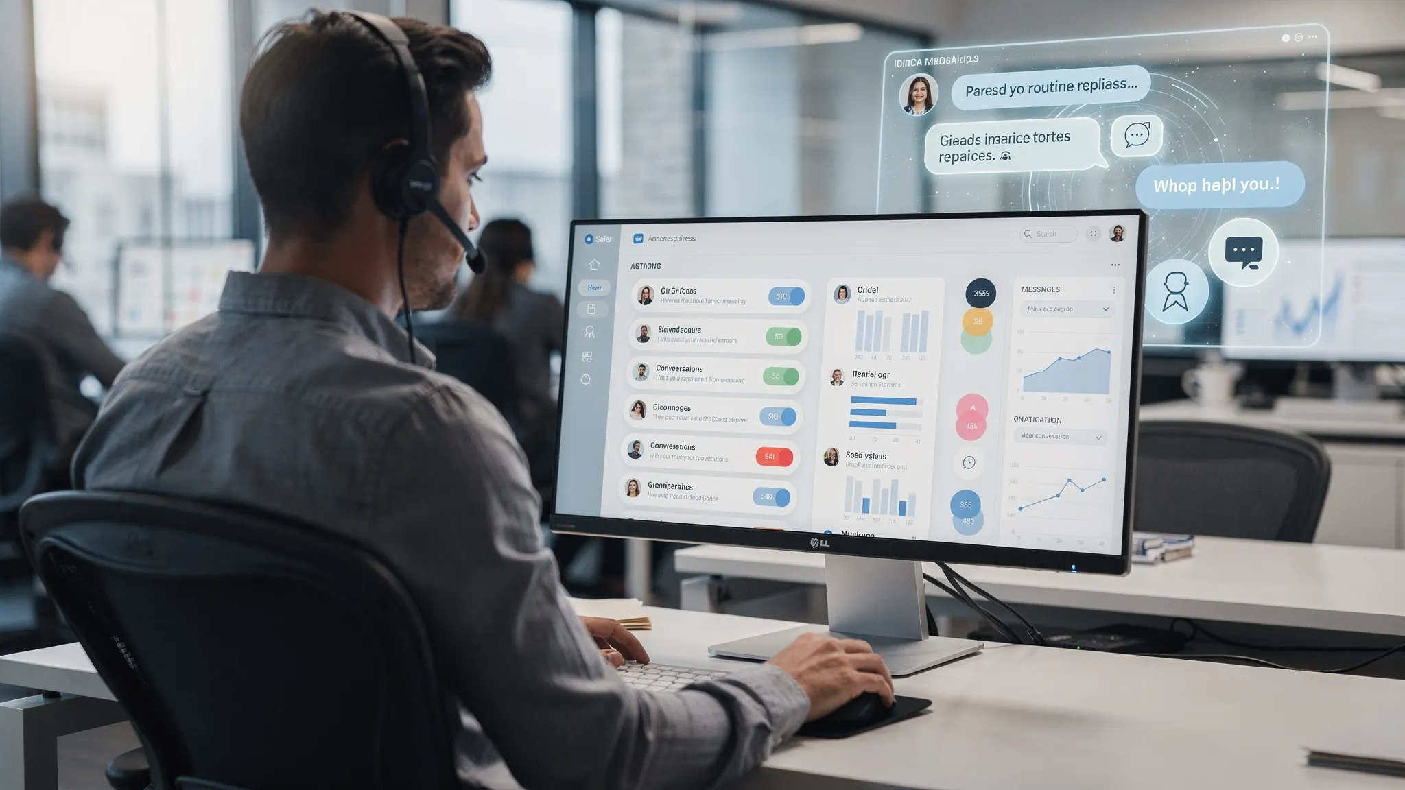 A sales team workflow scene showing an SDR reviewing a centralized dashboard with conversation threads and qualification scores, while an AI assistant handles routine replies in the background; the monitor is facing the viewer and shows abstract UI elements, not real brand screens.