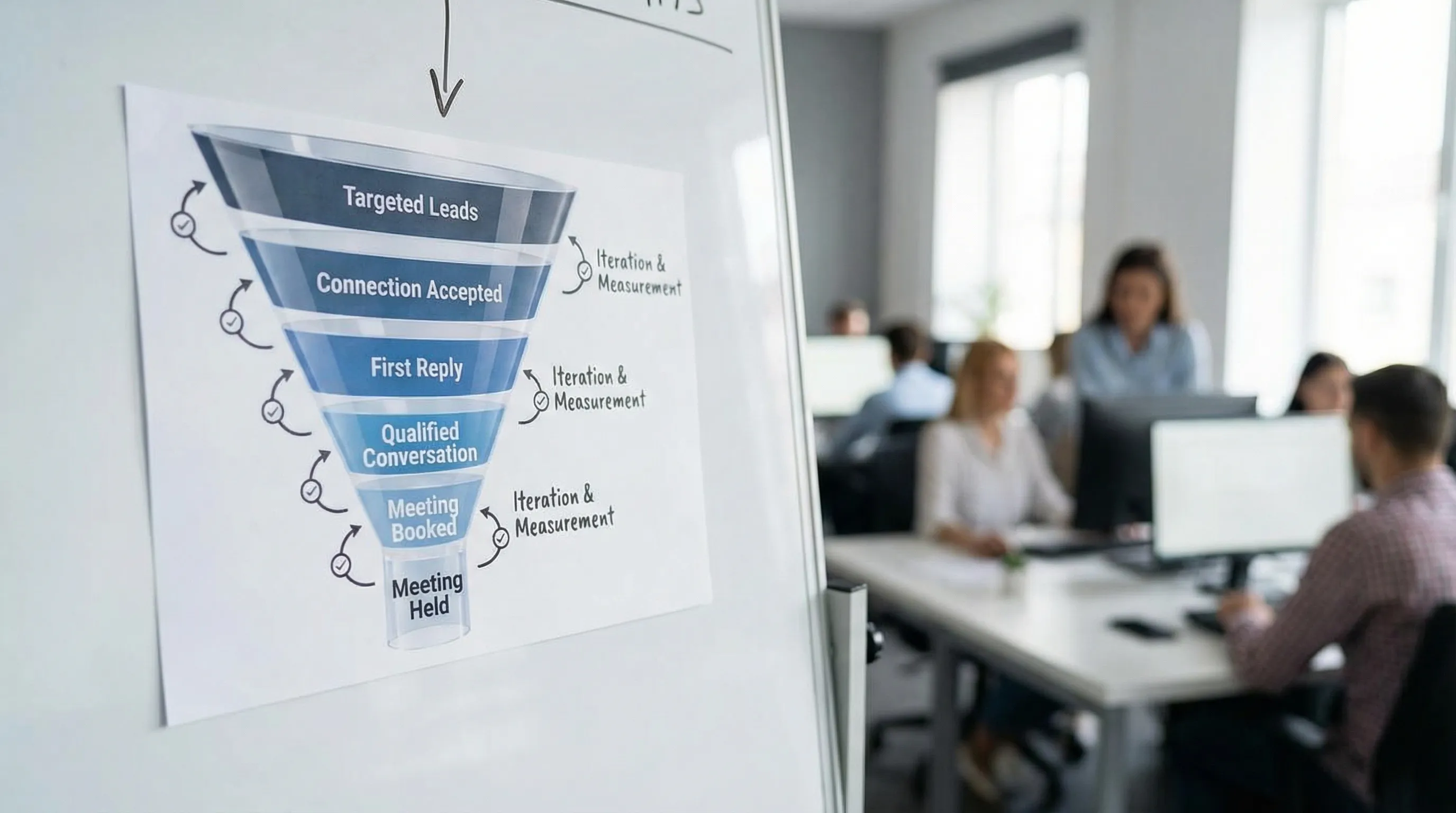 A simple funnel diagram showing LinkedIn outbound micro-conversions from Targeted leads to Connection accepted to First reply to Qualified conversation to Meeting booked to Meeting held, with small arrows indicating iteration and measurement at each stage.