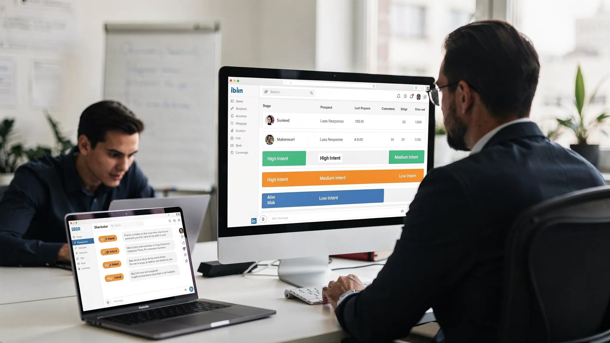 A sales team workflow scene showing an SDR manager reviewing a dashboard of LinkedIn conversation stages and qualification evidence, while an SDR focuses on a few high-intent threads; screens face the viewer and show simple stage labels and score bands without real logos or proprietary UI.