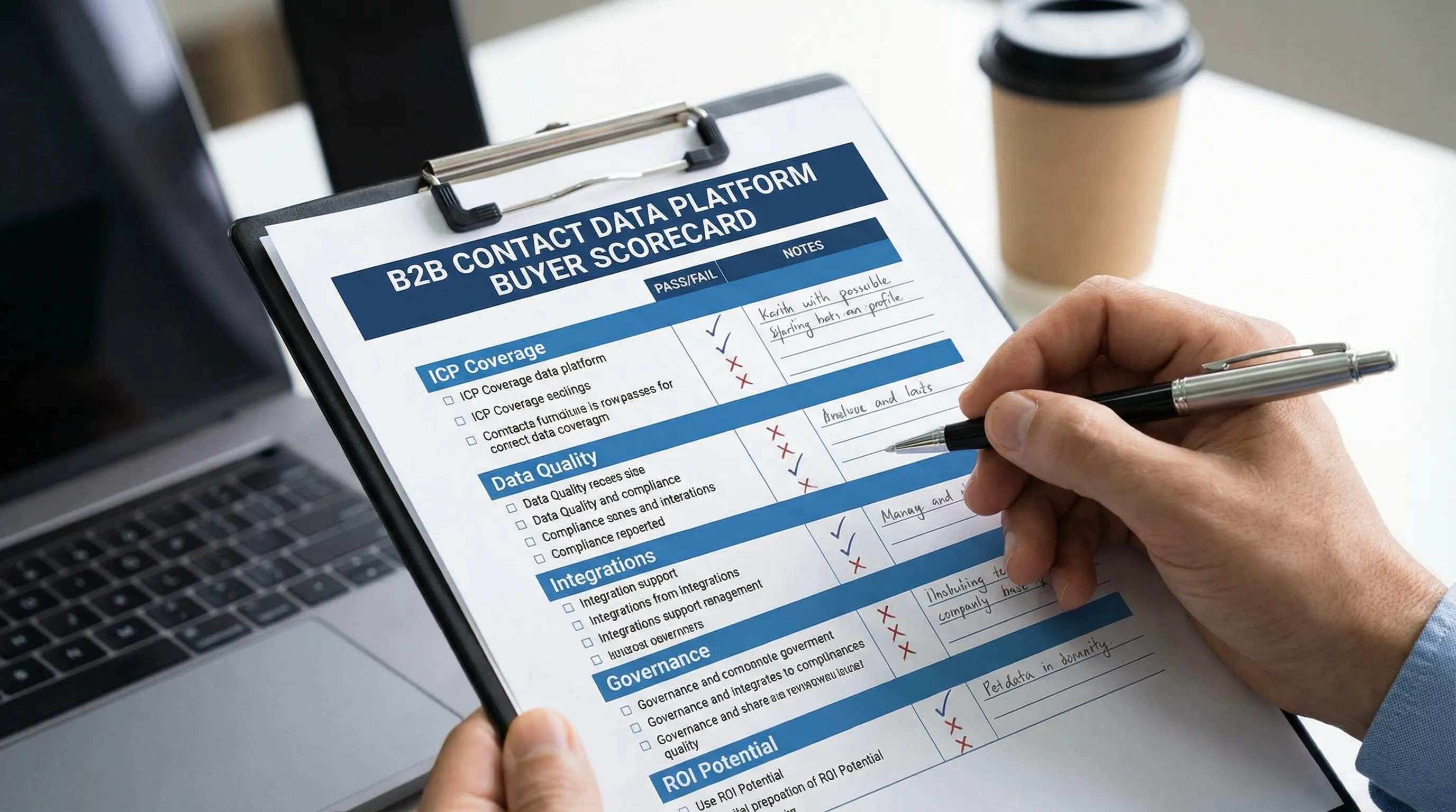 A buyer scorecard checklist for evaluating a B2B contact data platform, showing categories like ICP coverage, data quality, compliance, integrations, governance, and ROI, with simple pass fail indicators and notes fields.