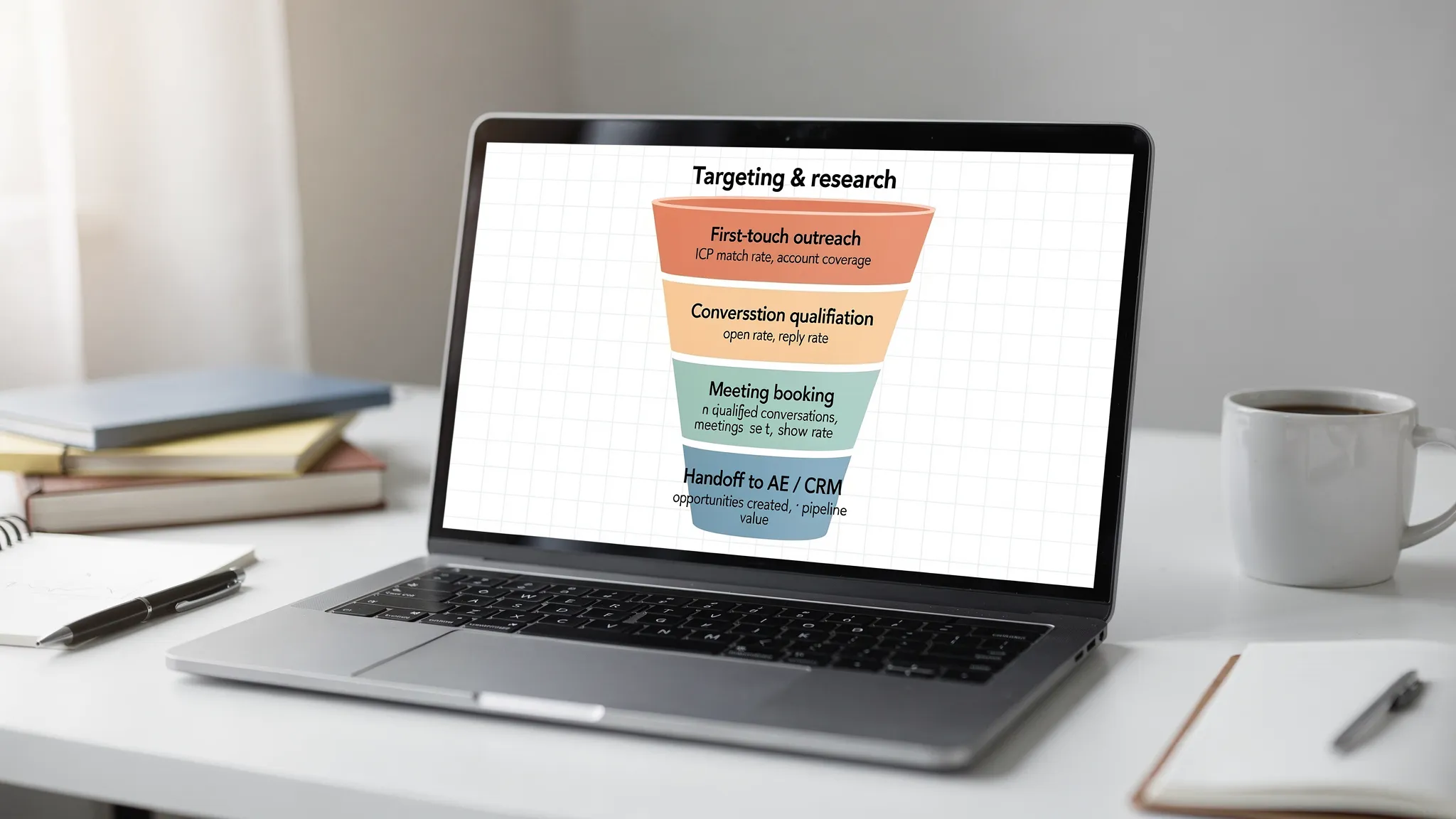 A simple funnel diagram showing AI sales use cases across stages: targeting and research, first-touch outreach, conversation qualification, meeting booking, and handoff to AE/CRM, with example KPIs under each stage.