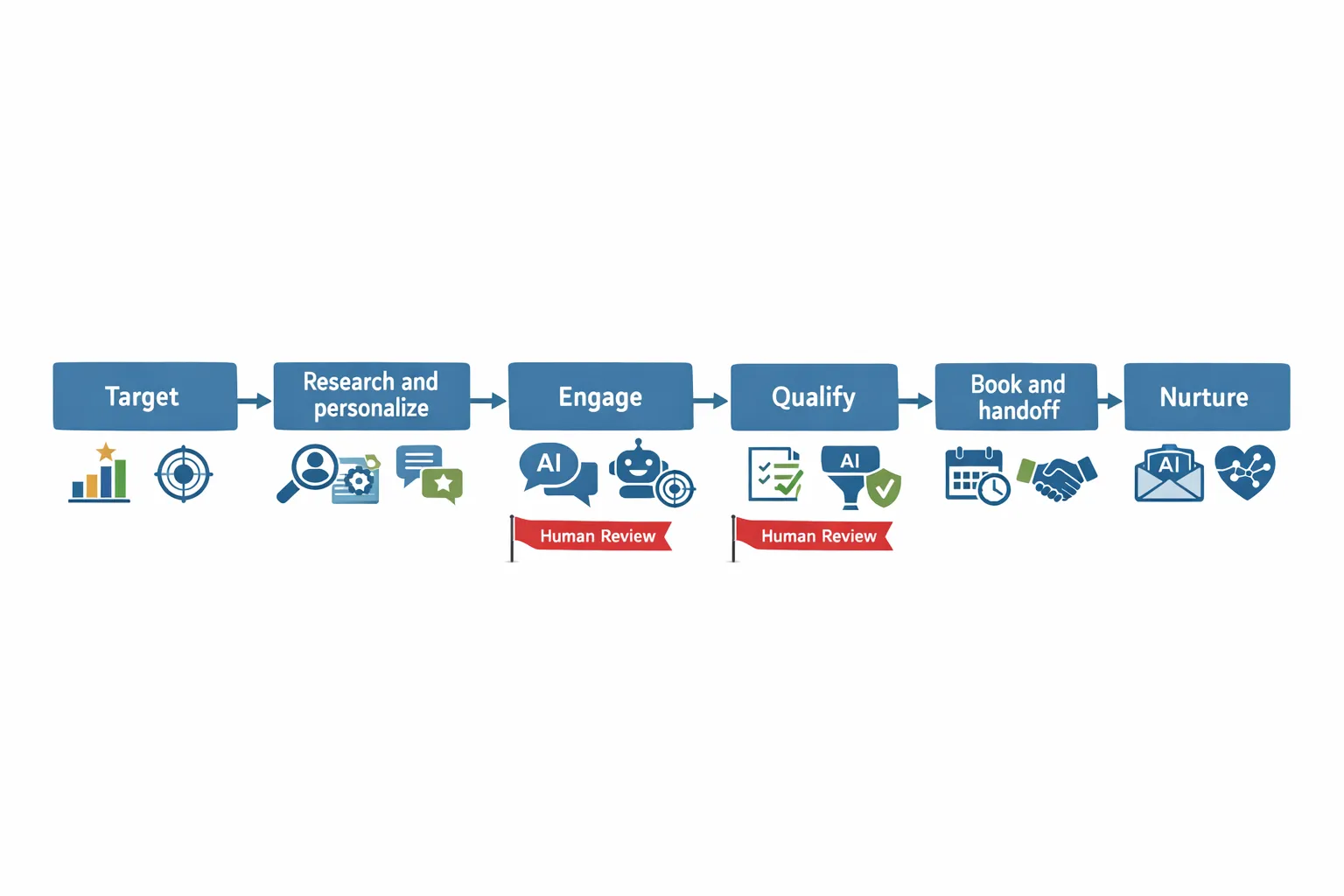 A simple horizontal flow diagram showing six boxes labeled Target, Research and personalize, Engage, Qualify, Book and handoff, and Nurture. Arrows connect the boxes left to right. Under each box are a few icons representing AI tasks like scoring, personalization, objection handling, and scheduling, with small flags marking human review points at Engage and Qualify.
