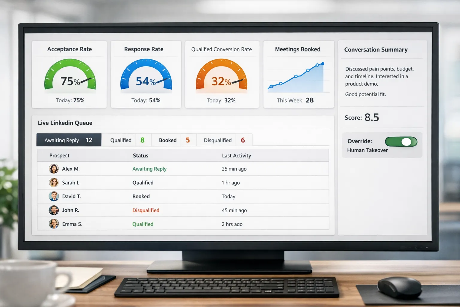 A clean sales operations dashboard showing real-time charts for acceptance rate, response rate, qualified conversation rate, meetings booked, and a live queue of LinkedIn threads with statuses like awaiting reply, qualified, booked, and disqualified. A side panel displays a conversation summary and score with an override switch for human takeover.