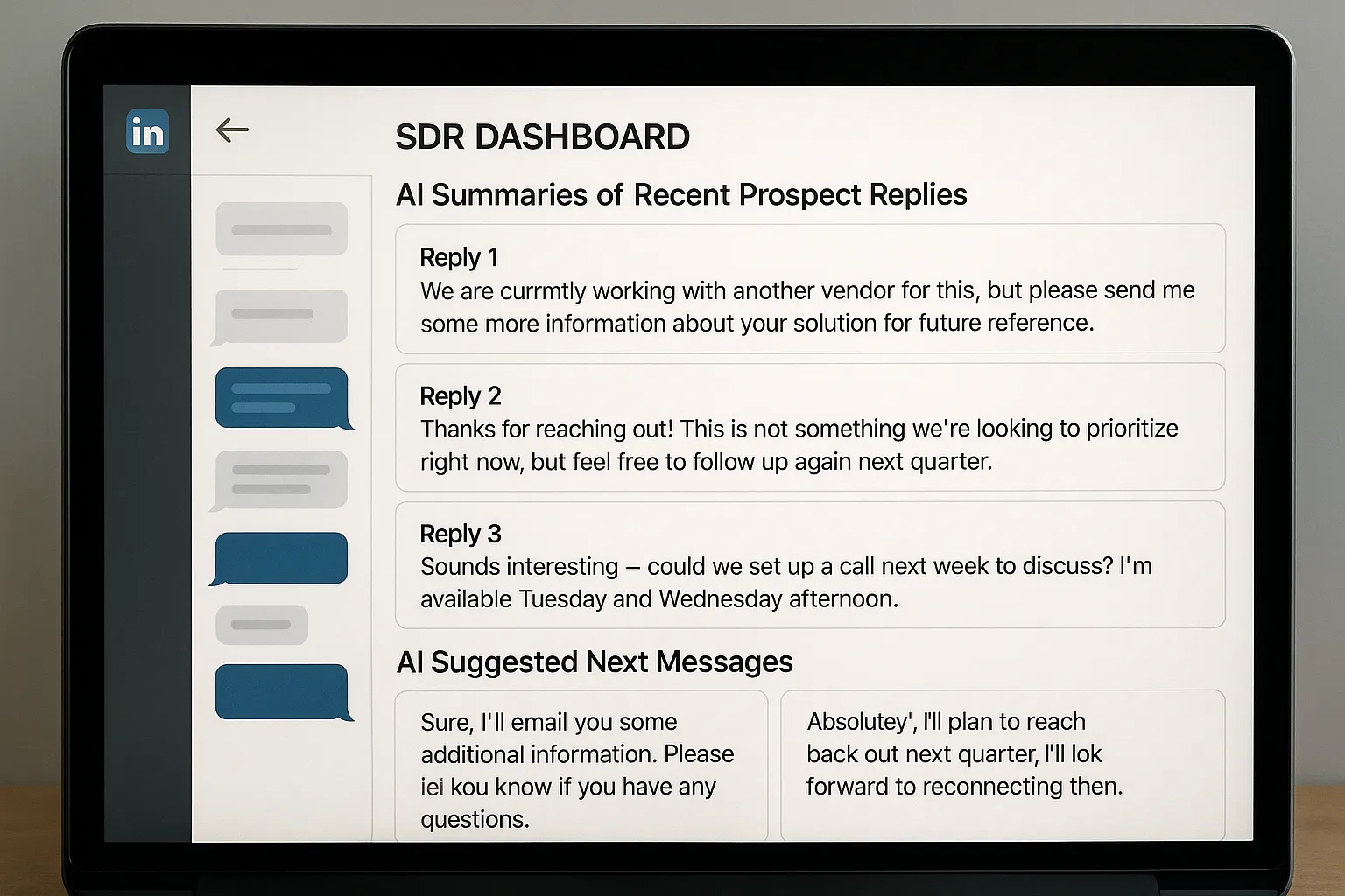 Illustration of an SDR dashboard where AI summarises recent prospect replies and suggests next messages, with LinkedIn chat bubbles visible on the side.