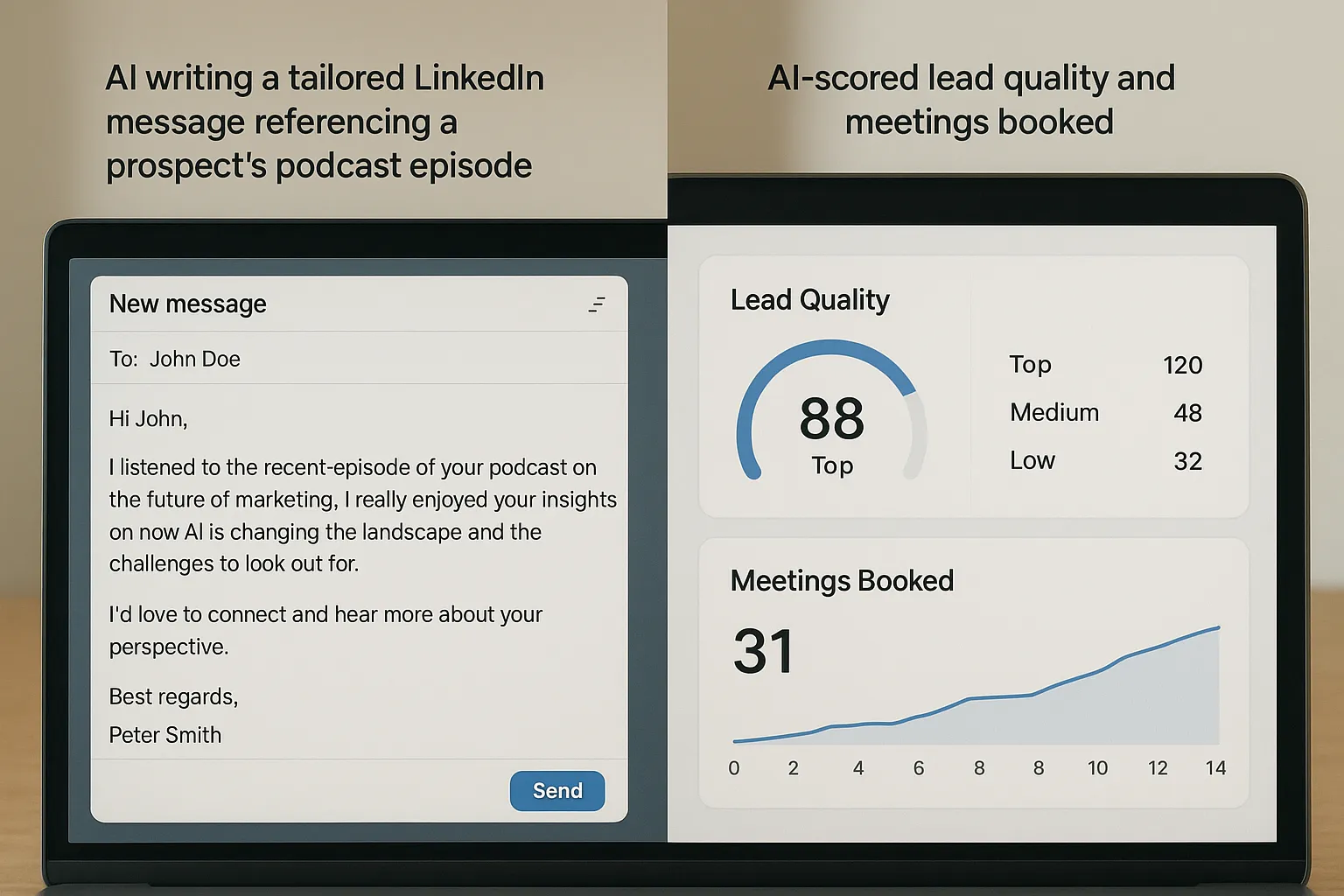 A side-by-side view: on the left, an AI writing a tailored LinkedIn message referencing a prospect’s podcast episode; on the right, a real-time dashboard showing AI-scored lead quality and meetings booked.