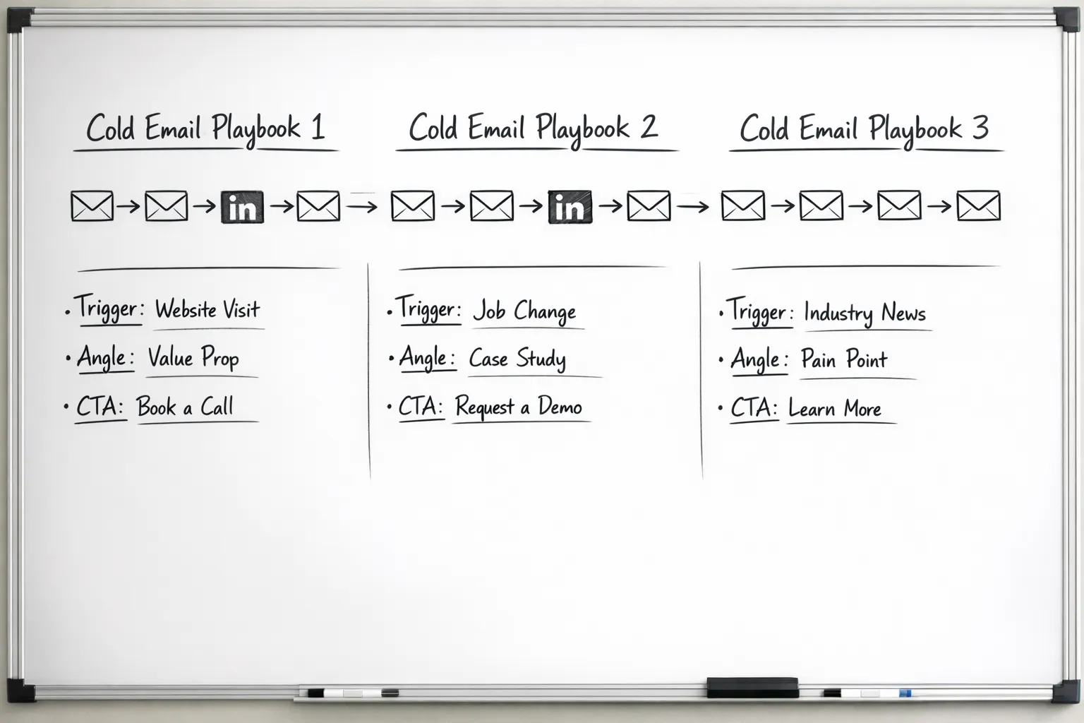 A clean whiteboard sketch of three cold email playbooks side by side. Each playbook shows a simple timeline with 4 to 5 email touches, small notes on trigger, angle, and CTA. The overall feel is a compact blueprint for SDRs and founders, with arrows from email to a LinkedIn icon indicating a multi-channel handoff.