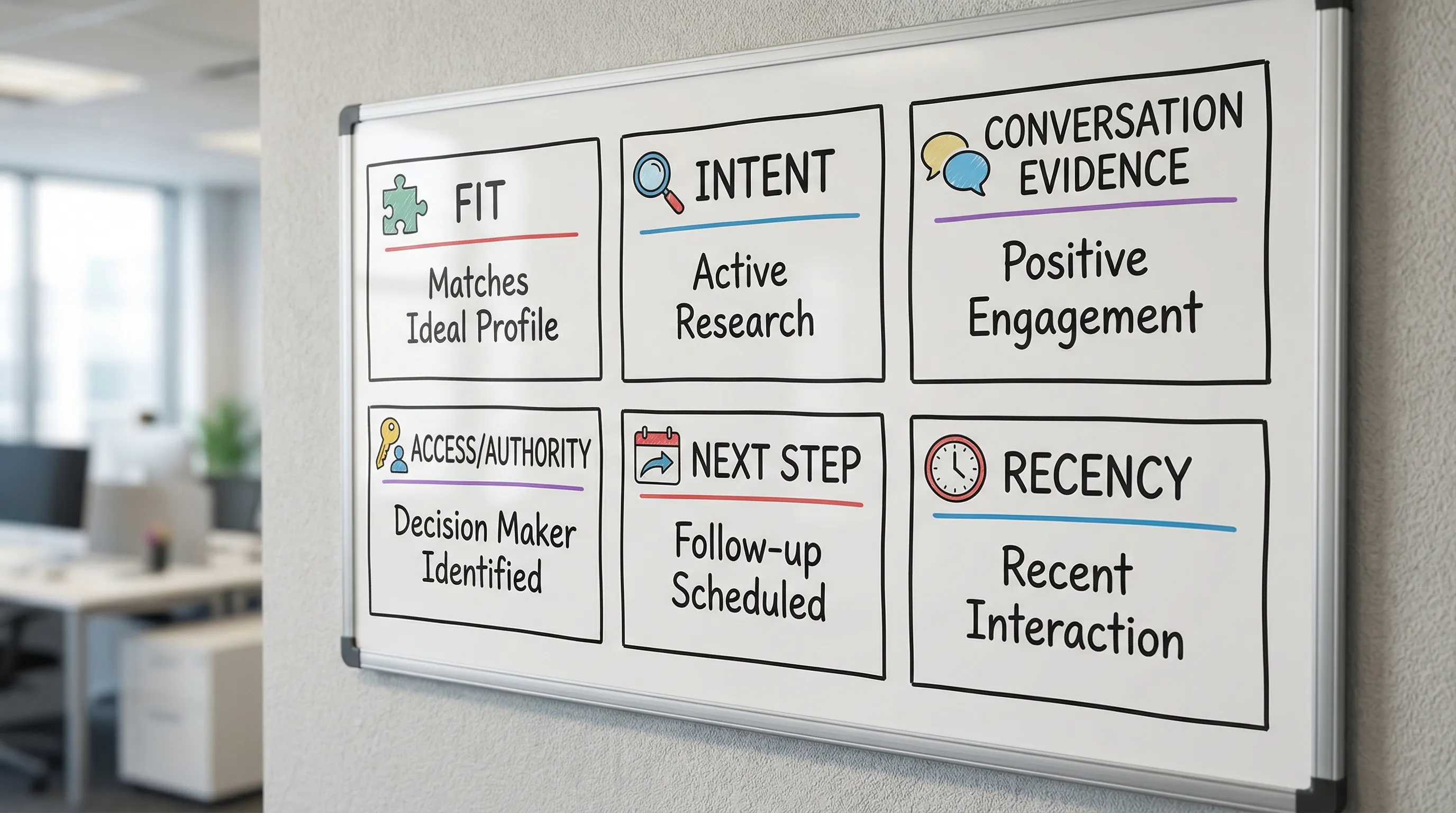 A simple diagram showing six quality signal categories for pre-qualified business opportunity leads: Fit, Intent, Conversation Evidence, Access/Authority, Next Step, and Recency. Each category has one short example signal in plain language, arranged in a clean grid.