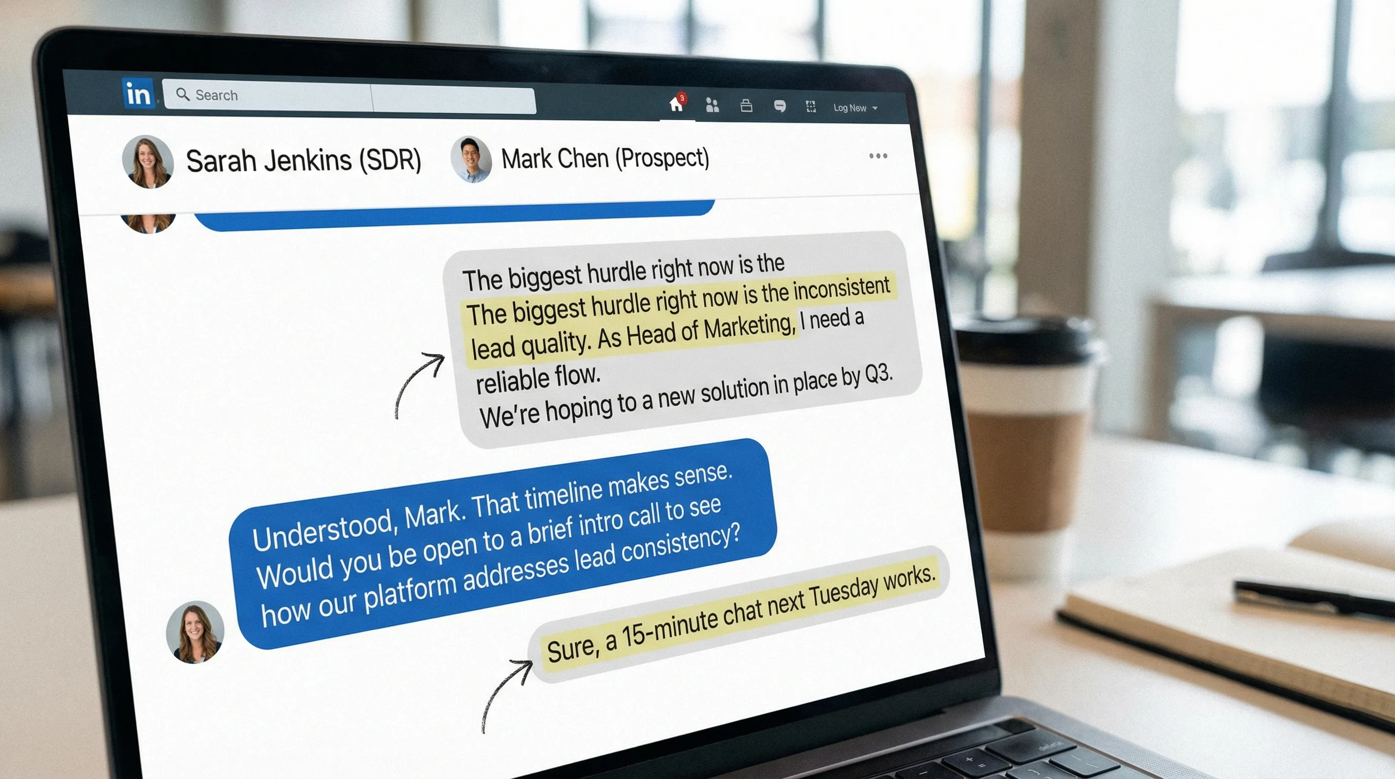 A realistic LinkedIn-style message thread excerpt between an SDR and a prospect, where the prospect states a specific problem, confirms role, mentions a timeline, and agrees to a meeting. The thread highlights the key evidence lines with subtle callouts.
