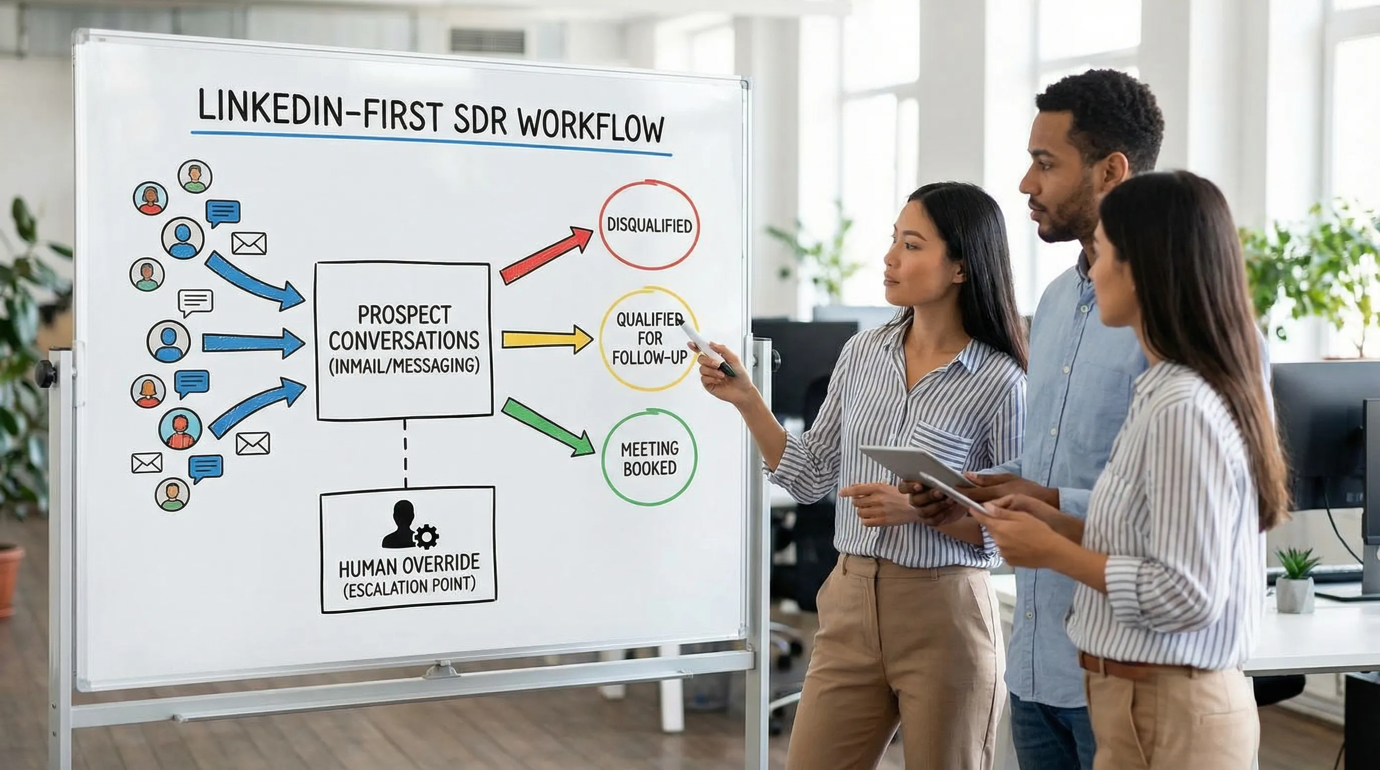 An illustration of a LinkedIn-first SDR workflow showing multiple prospect conversations flowing into three outcomes: disqualified, qualified for follow-up, and meeting booked, with a small “human override” checkpoint for escalations.