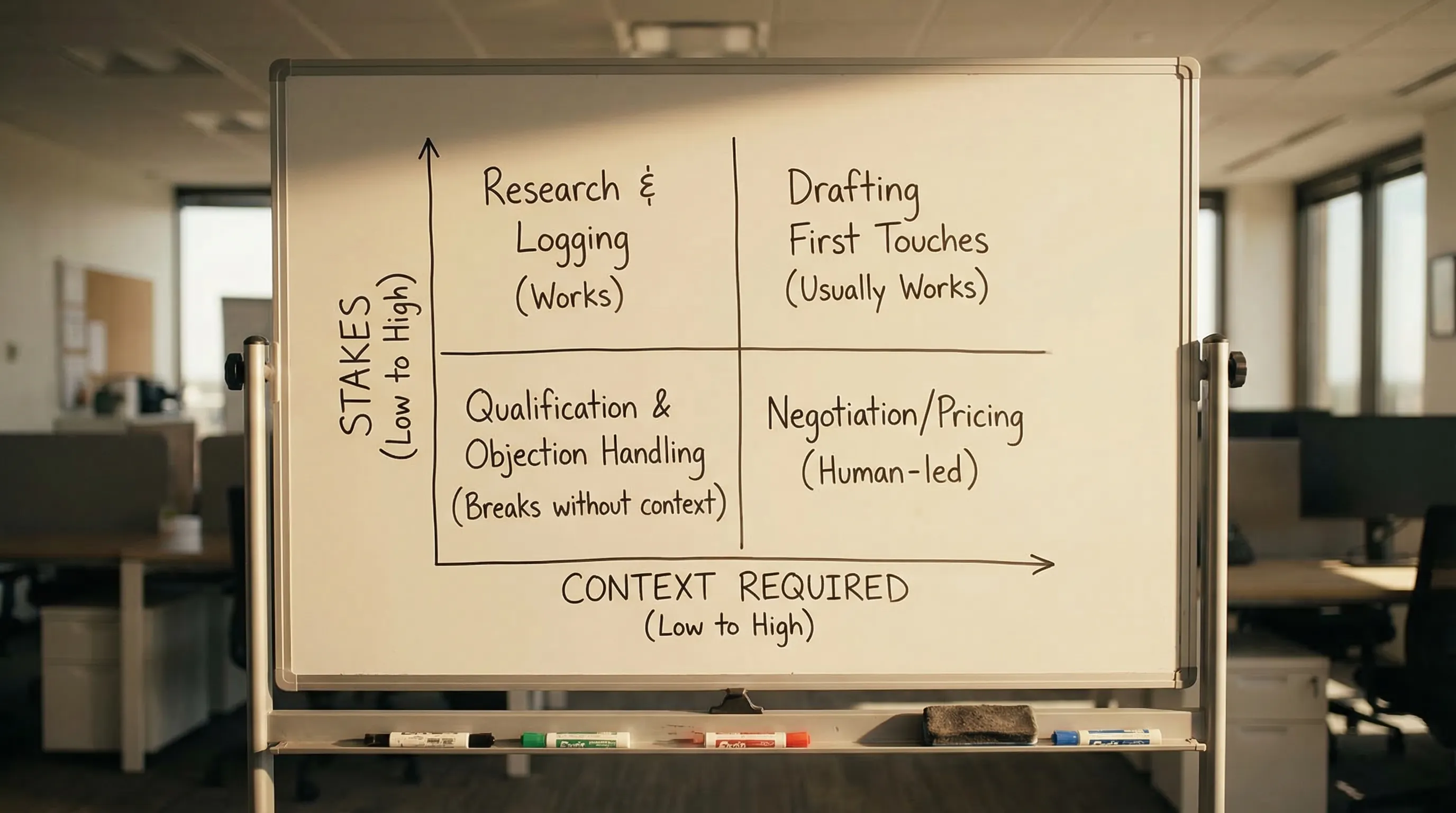 A simple 2x2 matrix showing where sales automation AI works vs breaks: axes are “context required (low to high)” and “stakes (low to high)”; examples in each quadrant include research and logging (works), drafting first touches (usually works), qualification and objection handling (breaks without context), and negotiation/pricing (human-led).