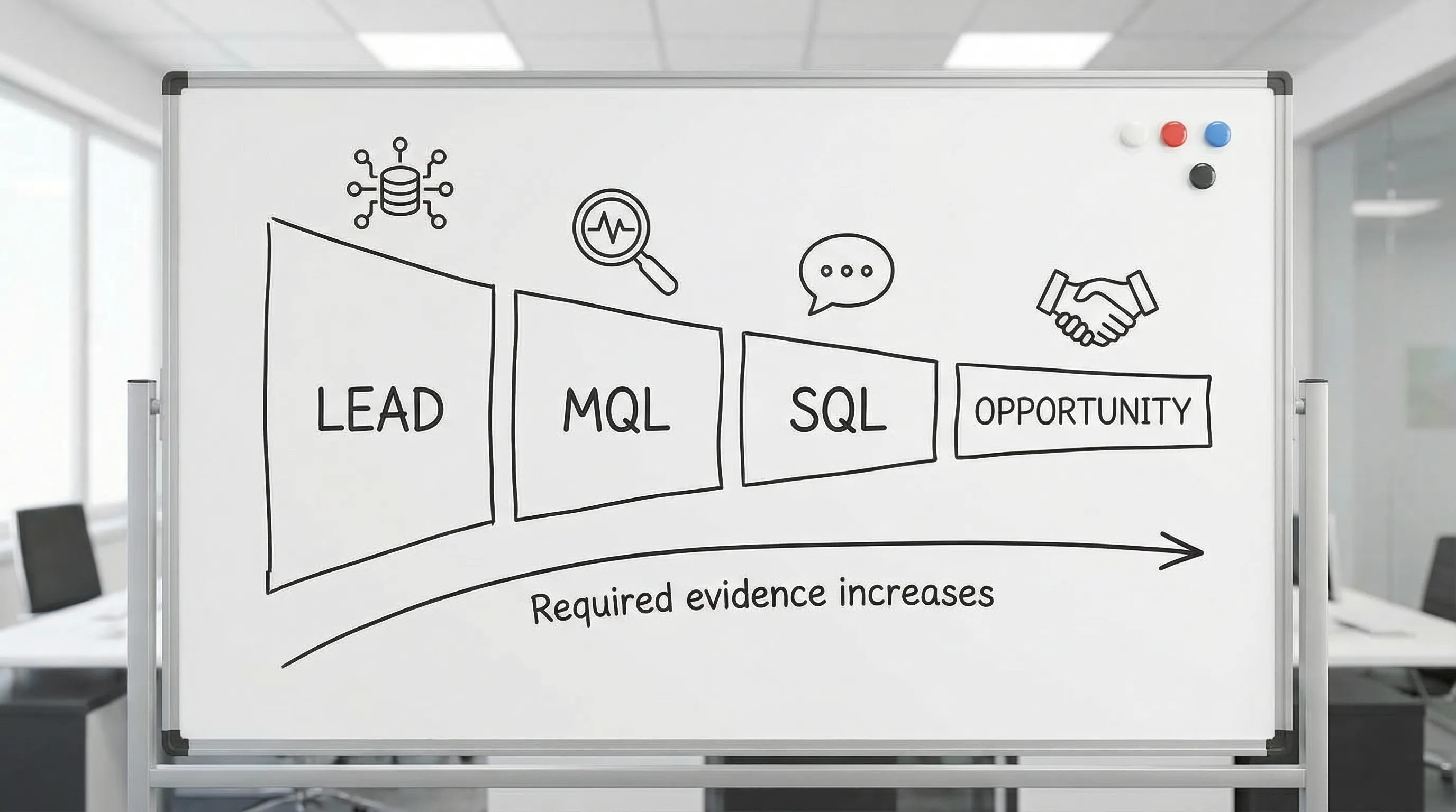 A simple funnel diagram showing four stages from left to right: Lead, MQL, SQL, Opportunity, with “Required evidence increases” written underneath and small icons representing data, intent signals, a conversation bubble, and a handshake.