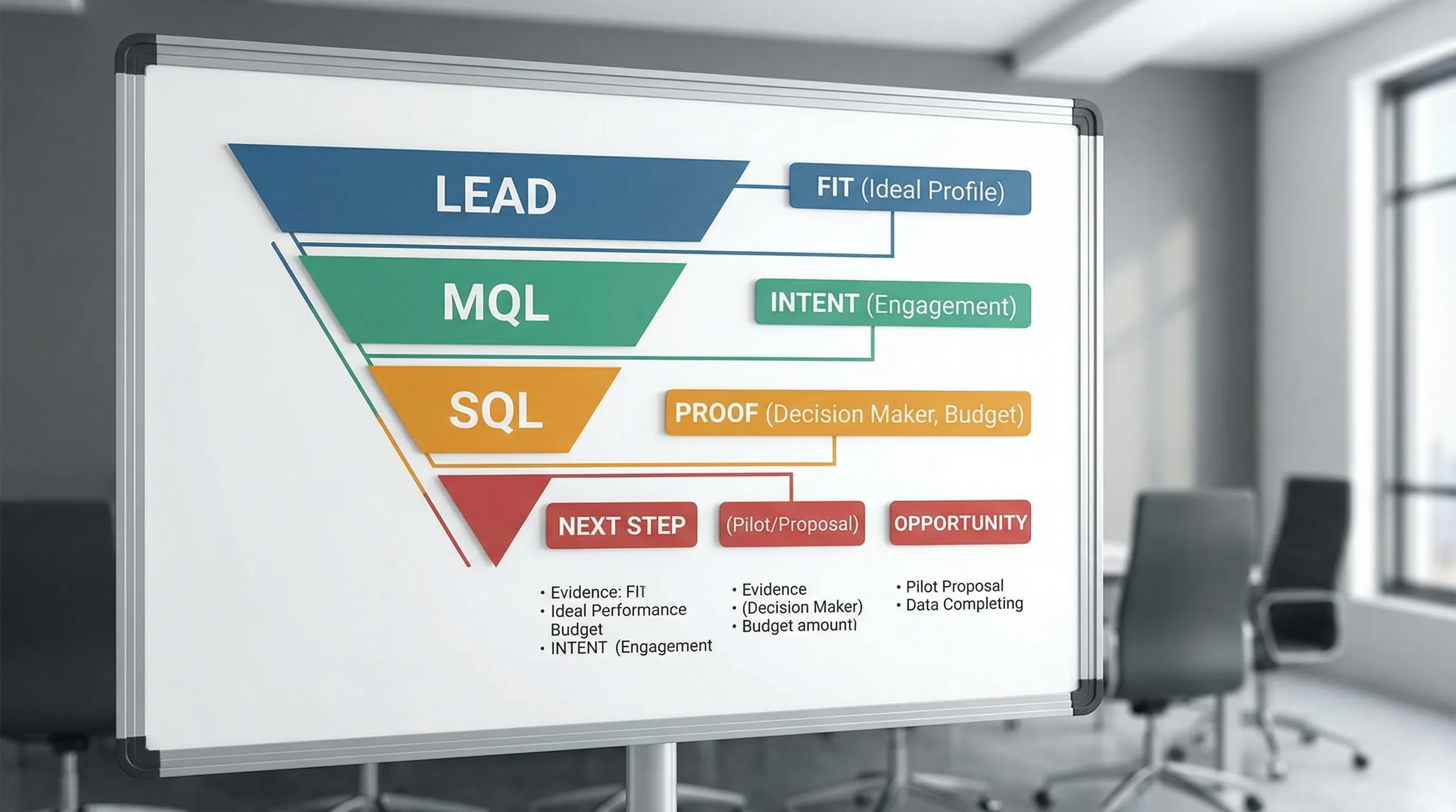 A clean sales funnel diagram showing Lead to MQL to SQL to Opportunity, with each stage labeled by evidence: fit, intent, proof, and next step.