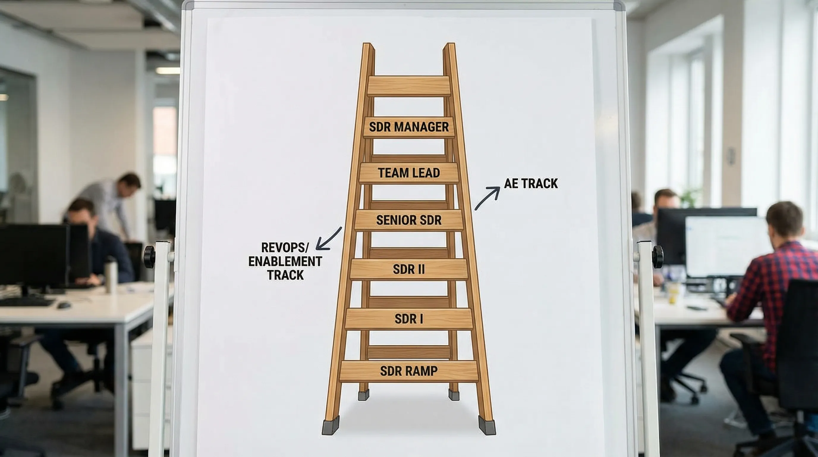 A career ladder graphic for sales development showing SDR Ramp to SDR I to SDR II to Senior SDR to Team Lead to SDR Manager, with side arrows pointing to AE track and RevOps/Enablement track.