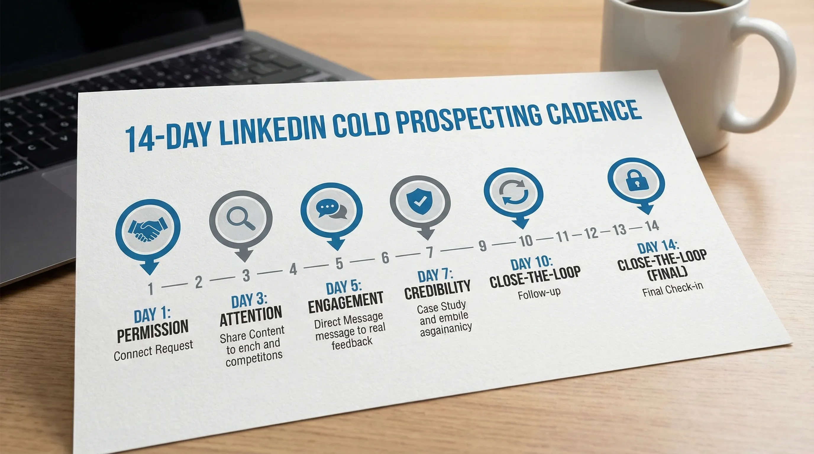 A simple timeline illustration of a 14-day LinkedIn cold prospecting cadence with six touchpoints labeled by goal: permission, attention, engagement, credibility, and close-the-loop.