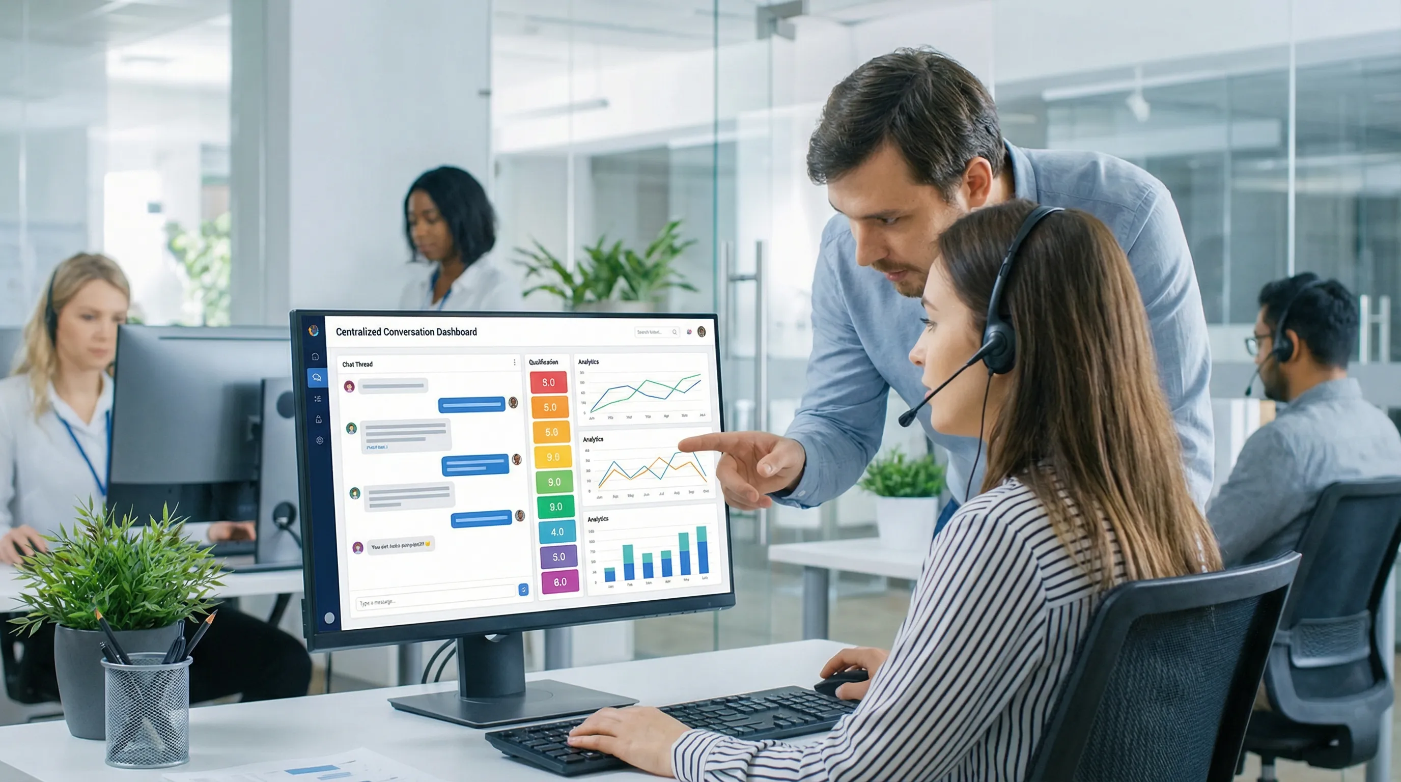 A sales development team workflow scene showing an SDR reviewing a centralized conversation dashboard and analytics charts, with conversation threads and qualification scores represented as simple UI blocks.