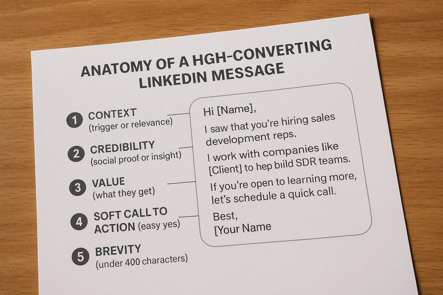 A simple diagram showing the anatomy of a high-converting LinkedIn message: 1) Context (trigger or relevance), 2) Credibility (social proof or insight), 3) Value (what they get), 4) Soft call to action (easy yes), 5) Brevity (under 400 characters).