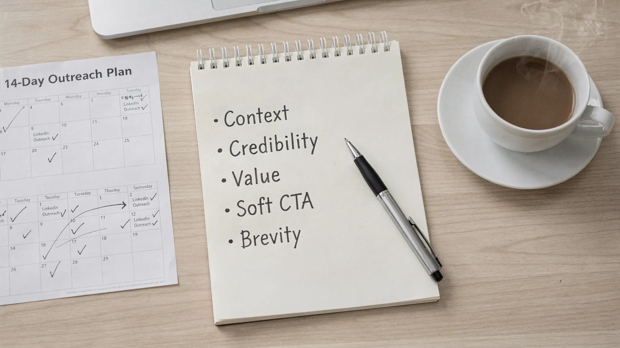 A top-down view of a sales workspace with a notepad listing “Context, Credibility, Value, Soft CTA, Brevity,” a cup of coffee, and a simple calendar showing a 14-day outreach plan, evoking organized LinkedIn outreach preparation.