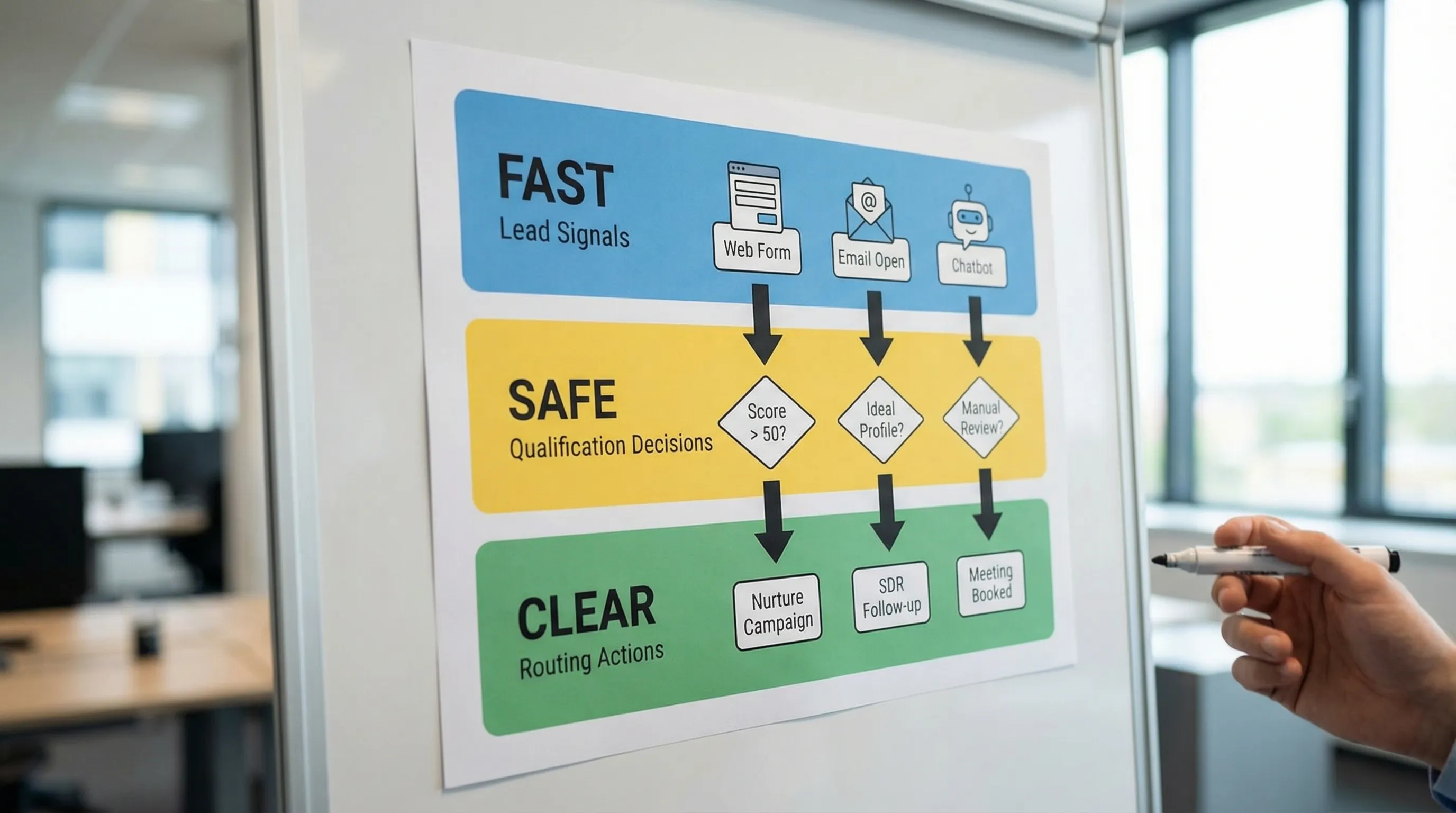 A simple three-layer diagram labeled Fast, Safe, Clear, with arrows showing how lead signals flow into qualification decisions, then routing actions like nurture, SDR follow-up, or meeting booked.