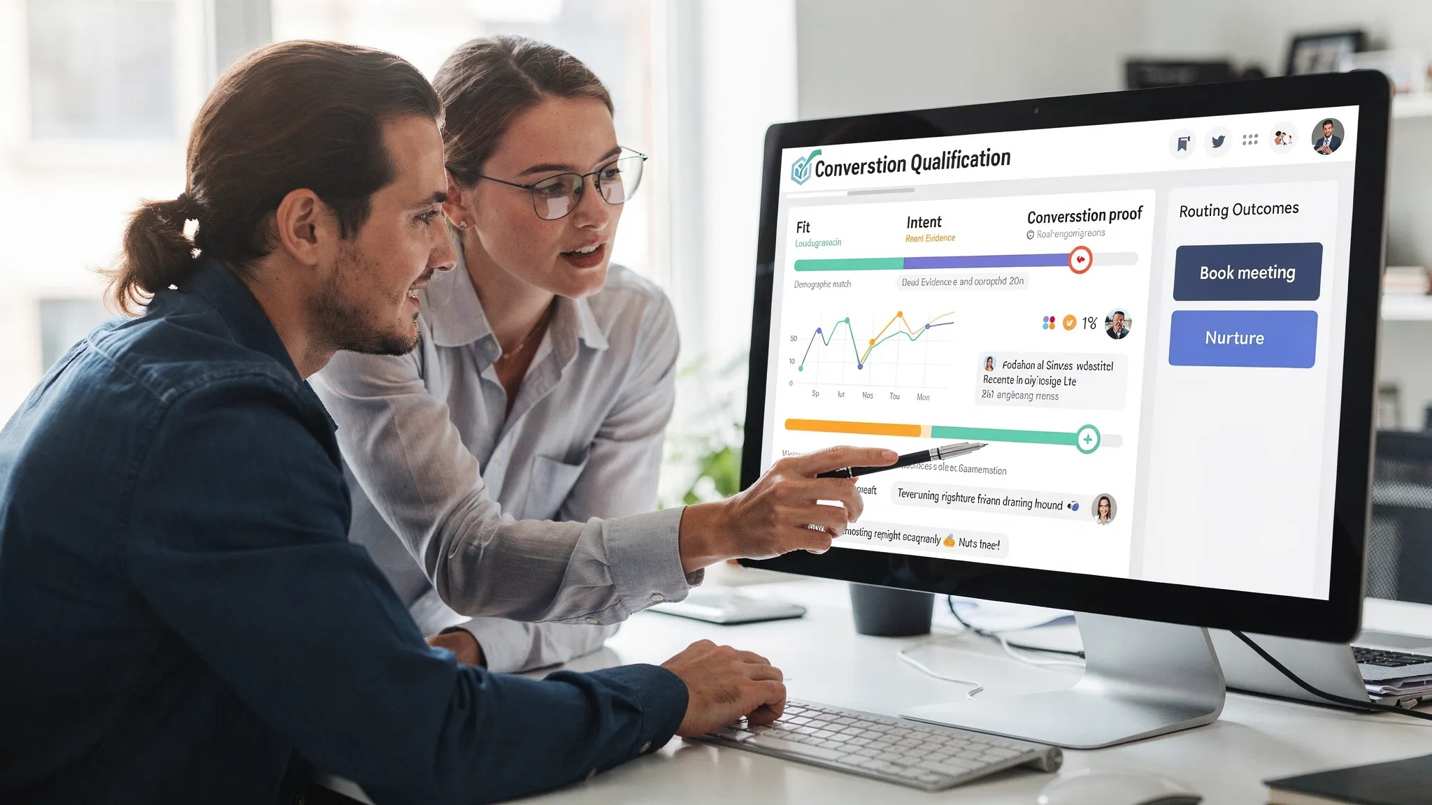 An SDR and a marketing ops manager reviewing a conversation qualification dashboard together, with highlighted lead evidence such as fit, intent, and conversation proof, and a clear routing outcome like “Book meeting” or “Nurture.”