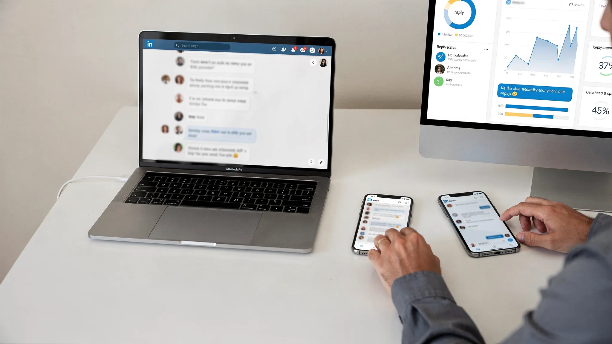 A laptop and phone on a minimalist desk display a LinkedIn inbox with short, conversational messages. An SDR is reviewing reply rates on a dashboard beside the devices. Screens are oriented correctly and the message snippets are blurred for privacy.