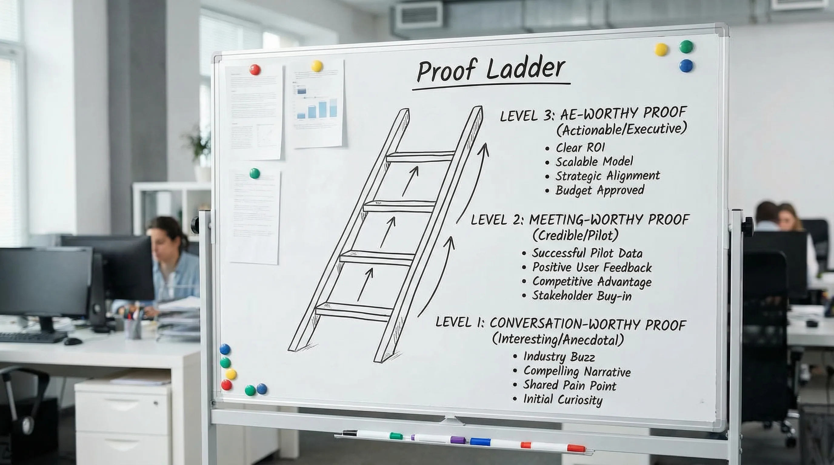 A simple three-step “Proof Ladder” diagram showing Level 1 Conversation-worthy proof, Level 2 Meeting-worthy proof, and Level 3 AE-worthy proof, with short example signals under each level.
