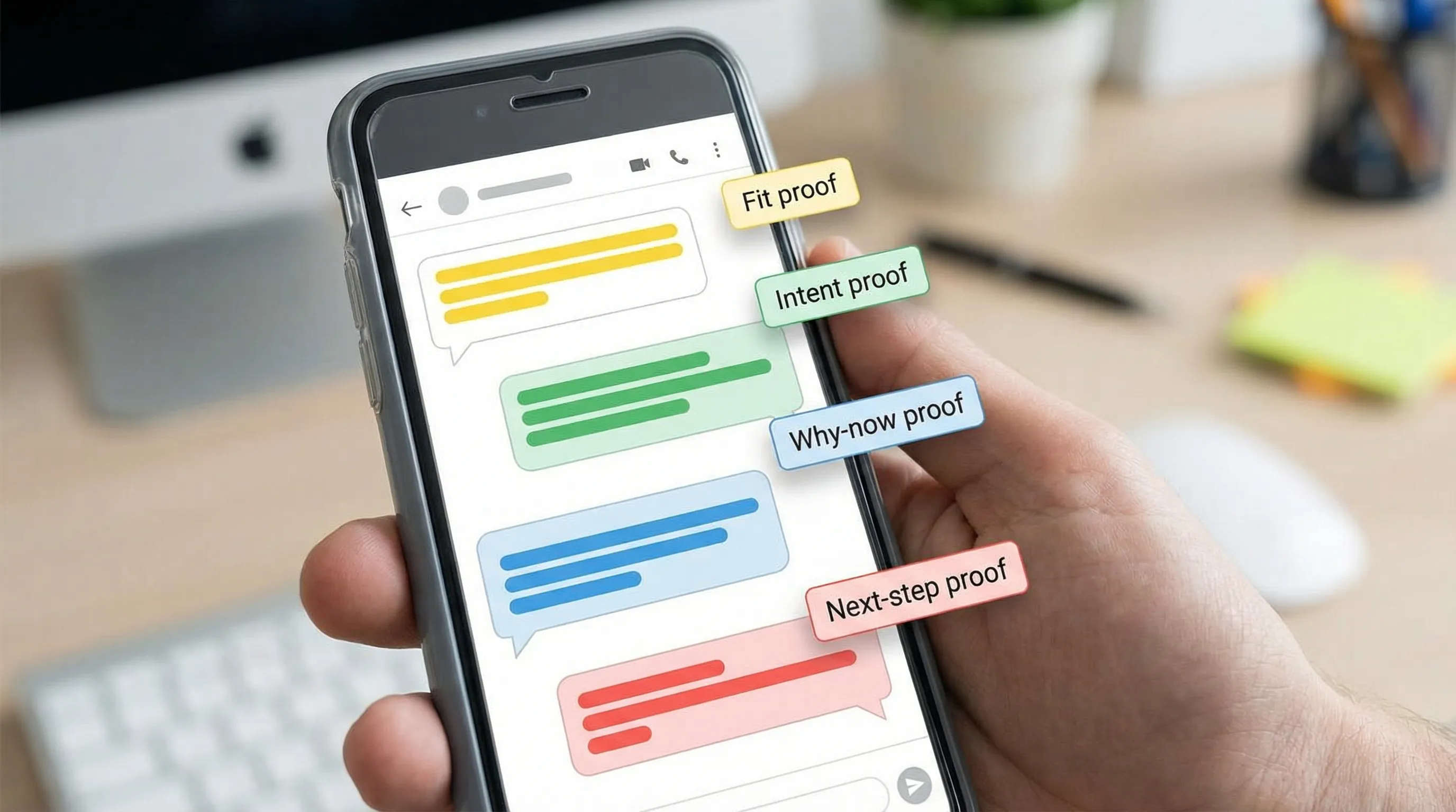 An illustration of a LinkedIn message thread with a few highlighted snippets labeled Fit proof, Intent proof, Why-now proof, and Next-step proof.