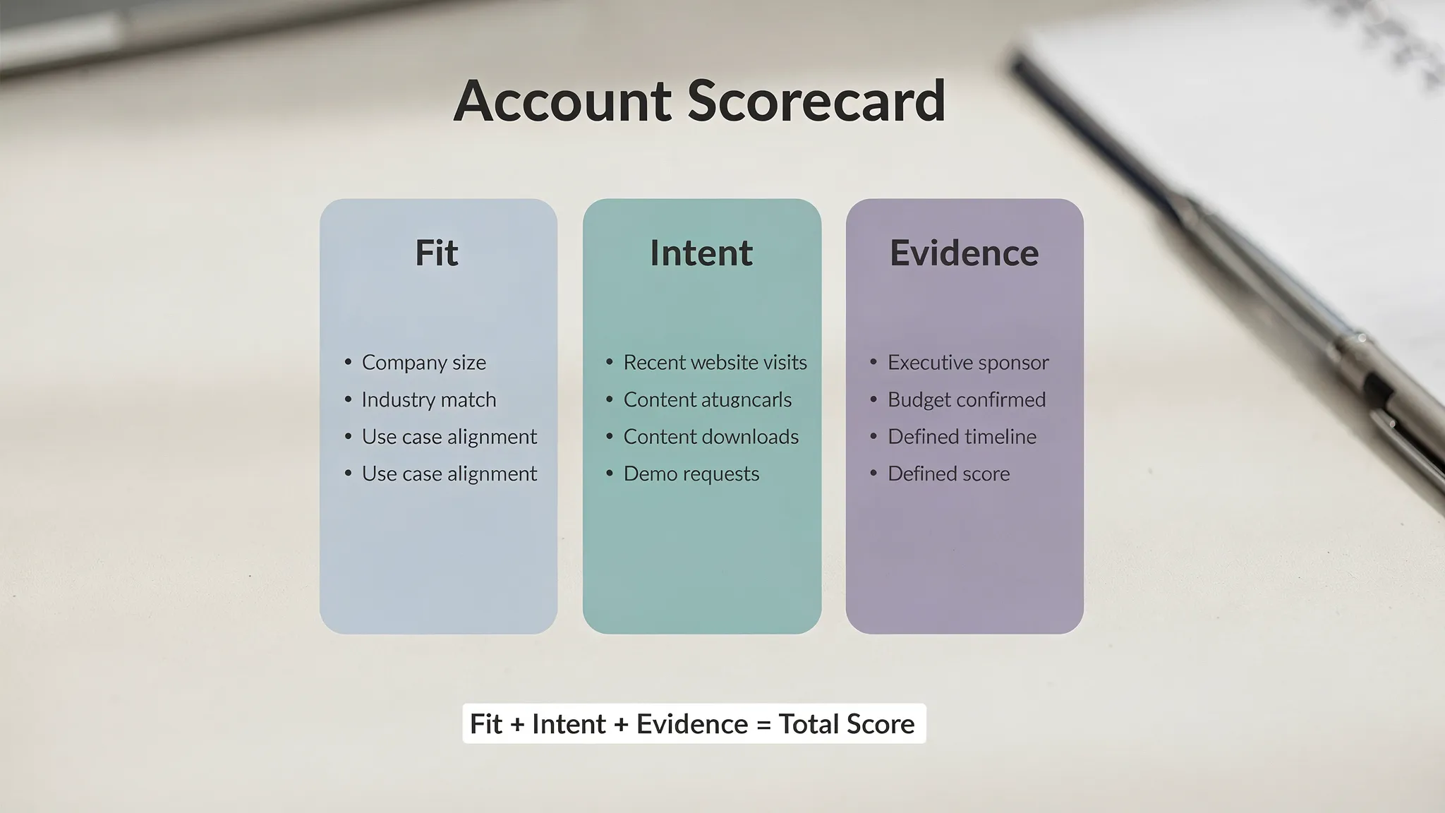 A simple three-pillar score graphic labeled Fit, Intent, and Evidence, with short examples under each pillar, styled like a clean B2B sales enablement visual.