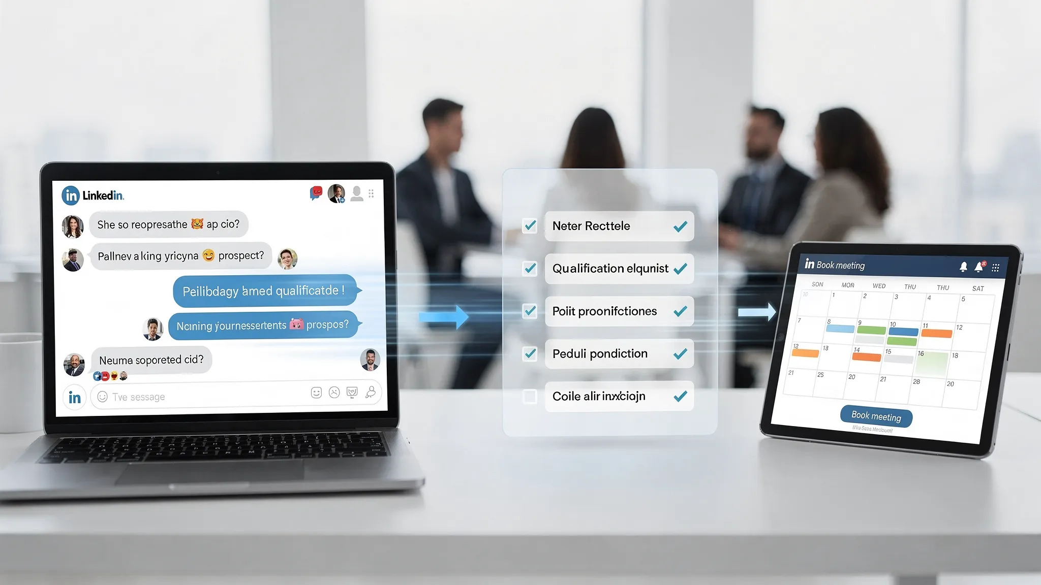 A concept illustration of a LinkedIn conversation thread flowing into a qualification checklist and then into a calendar booking step, representing conversation-led scoring and handoff.