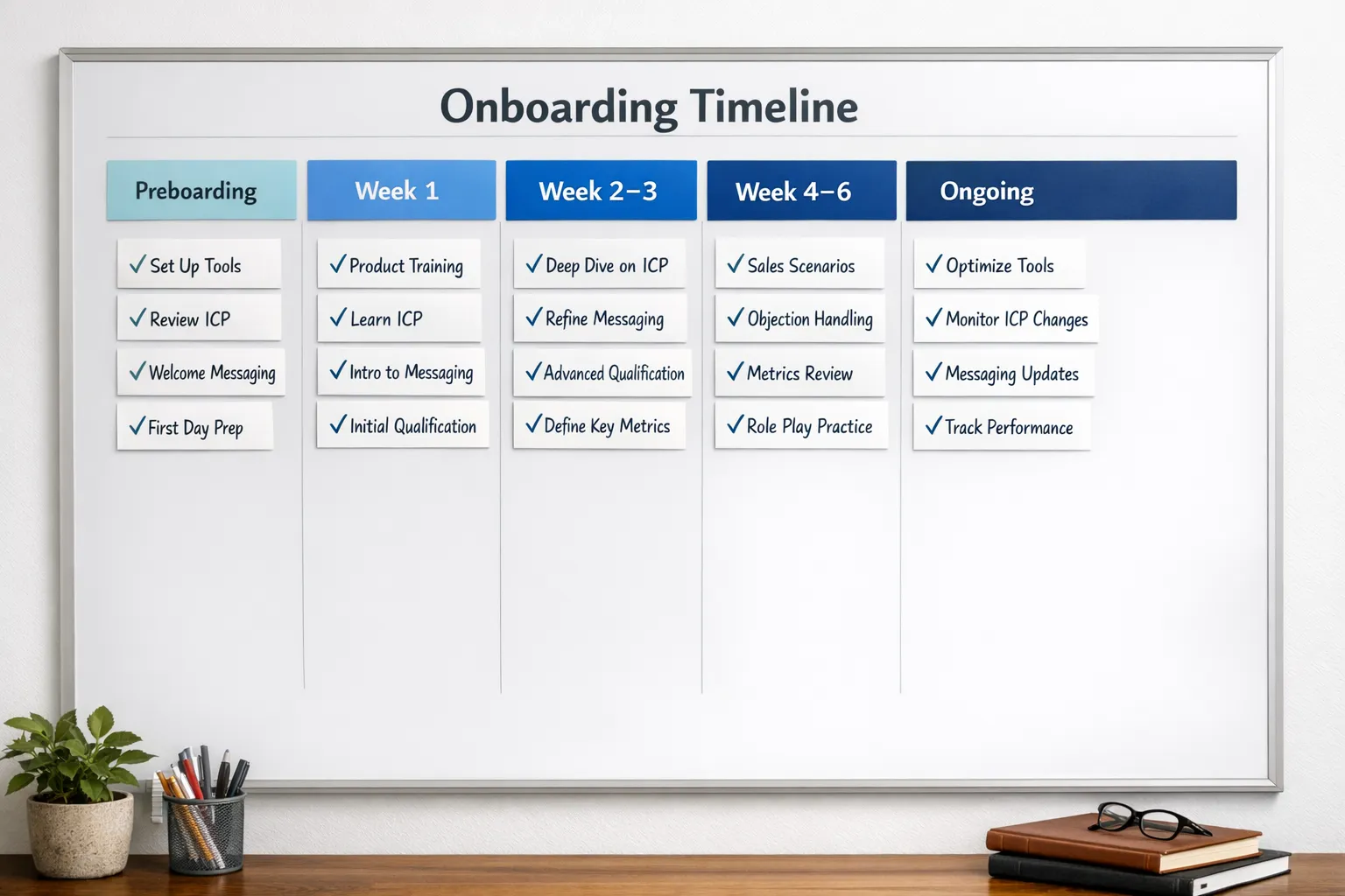 A simple onboarding timeline board with columns labeled Preboarding, Week 1, Week 2–3, Week 4–6, and Ongoing, each containing checklist cards for tools, ICP, messaging, qualification, and metrics.