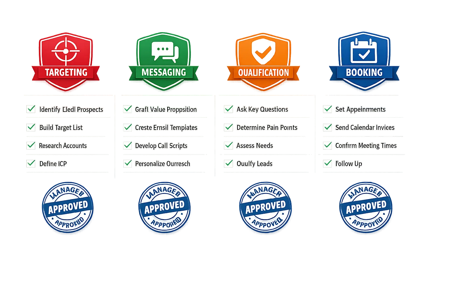 A simple scorecard graphic showing four certification badges labeled Targeting, Messaging, Qualification, and Booking, each with a checklist and a manager approval stamp.