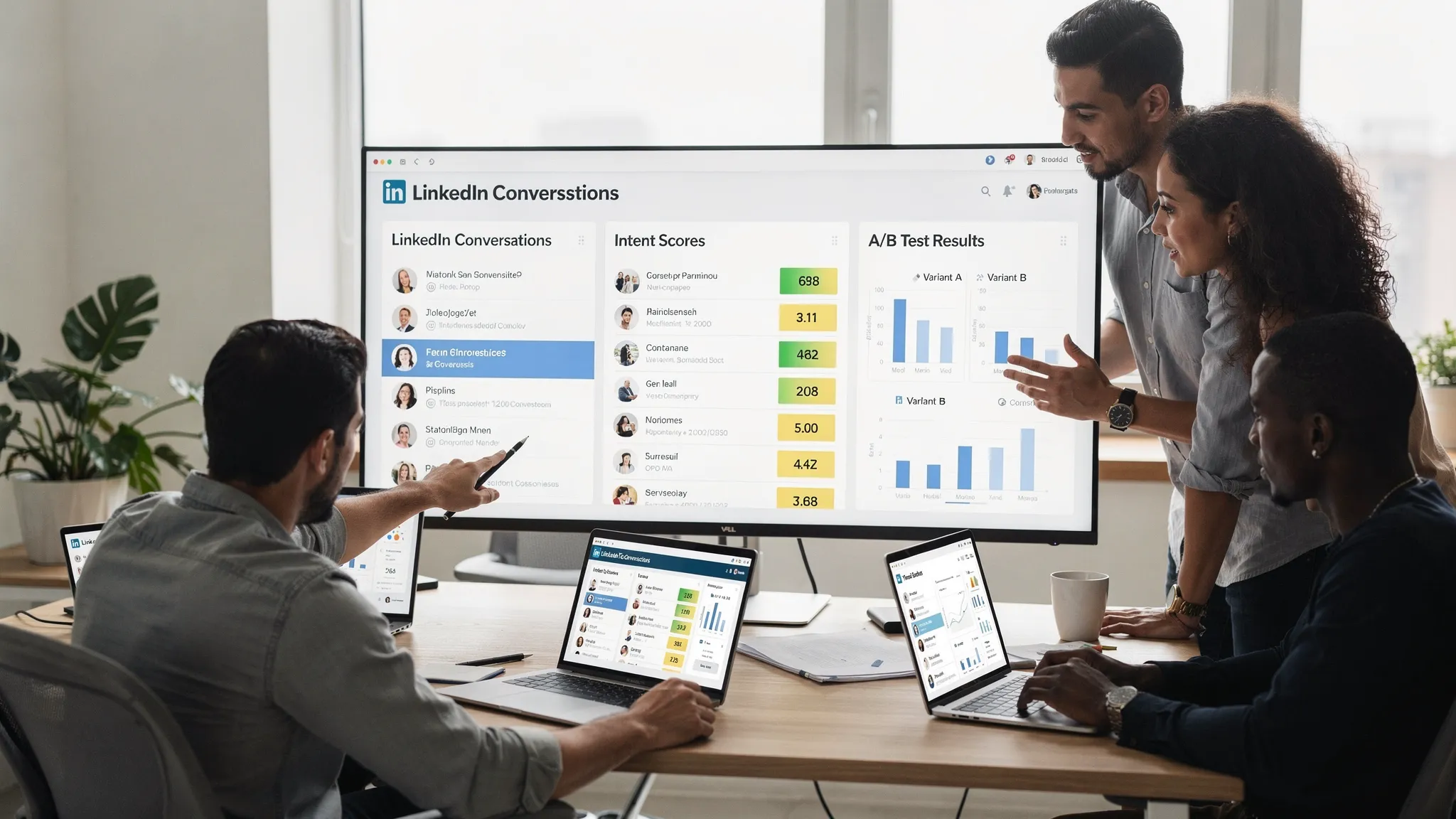 A modern revenue team workspace showing a simple dashboard with live LinkedIn conversations, intent scores, and a small panel for A/B test results. One team member is reviewing a highlighted conversation while others discuss next steps.