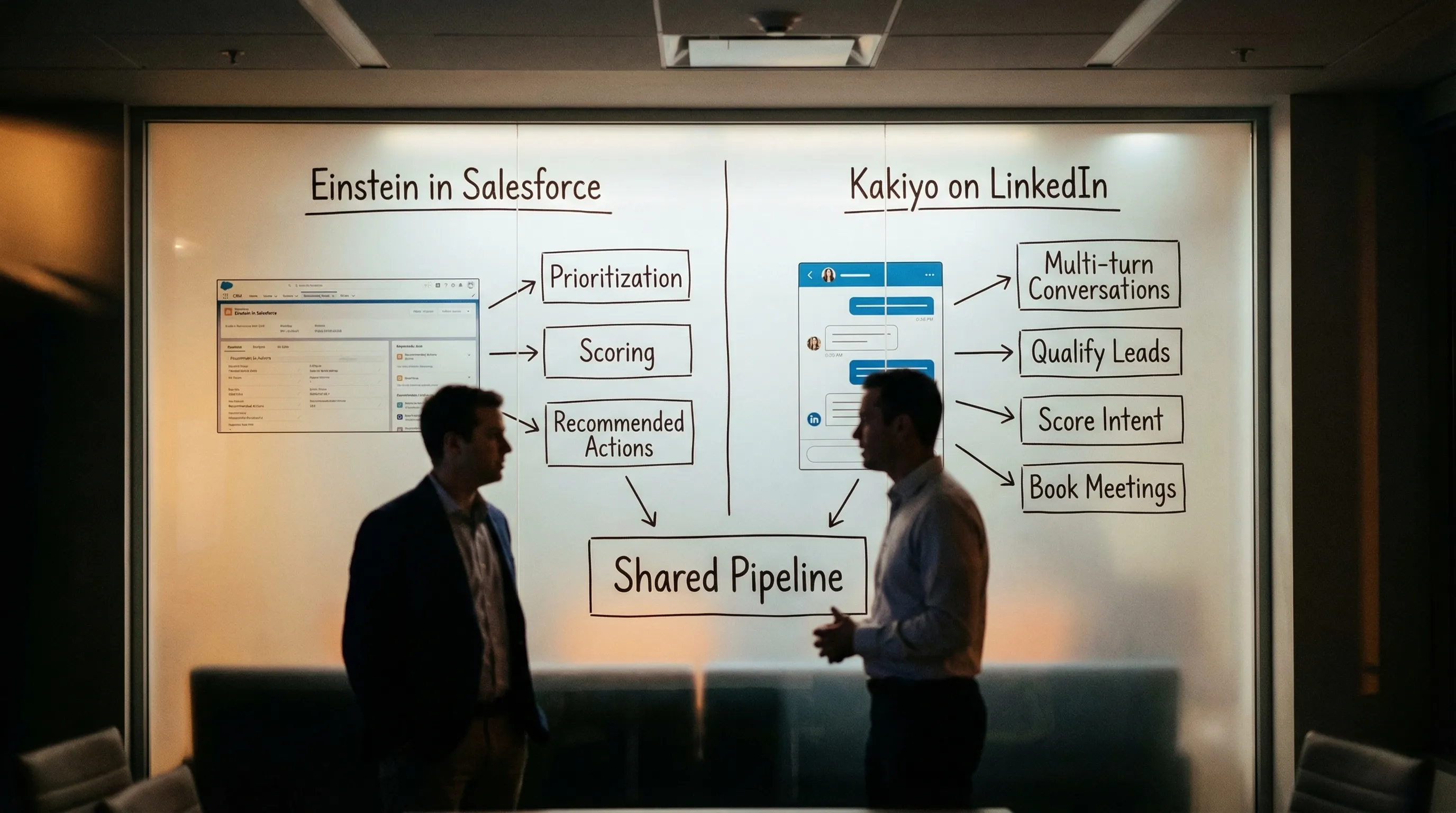 A simple workflow diagram showing two lanes: “Einstein in Salesforce” producing prioritization, scoring, and recommended actions inside the CRM, and “Kakiyo on LinkedIn” running multi-turn conversations that qualify leads, score intent, and book meetings, with both feeding outcomes into a shared pipeline.